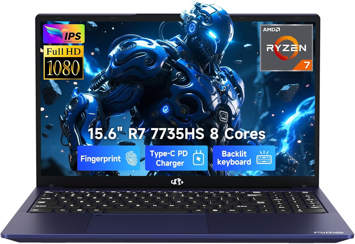 NIMO 2026 Laptop 15.6' FHD – AMD Ryzen 7 7735HS 8C/16T, Radeon 680M, 16GB DDR5, 1TB NVMe SSD, Backlit Keyboard, Fingerprint Unlock, 100W USB-C PD – Ideal for Students, Professionals, Creators