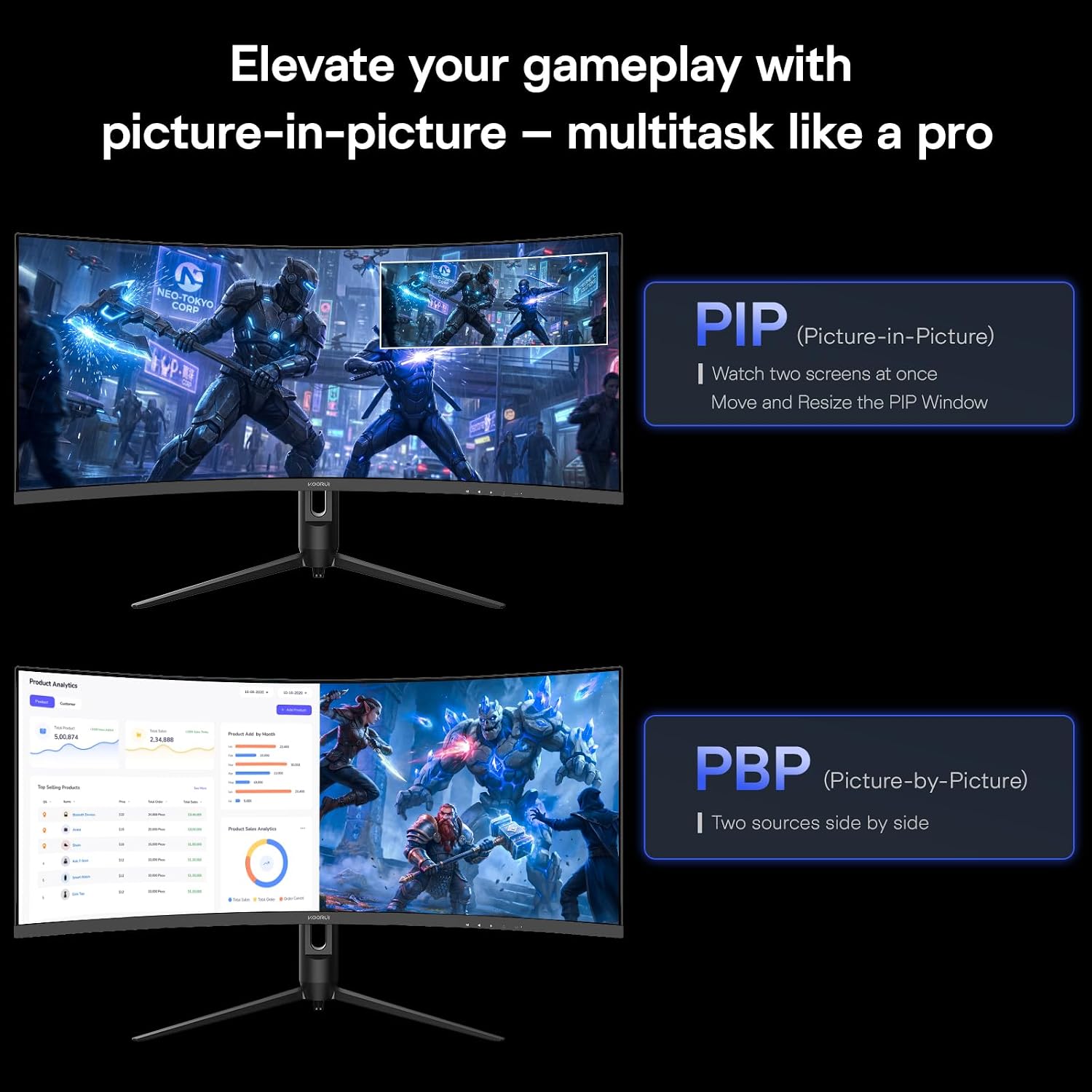 KOORUI 34 inch Ultrawide Curved Gaming Monitor 240Hz, PIP/PBP, 3440x1440P, 21:9 Display, 1500R Curvature. 1ms, Adaptive Sync, DP, HDMI, Vesa amoun,Support PS5,t,Computer Monitor G3441XC