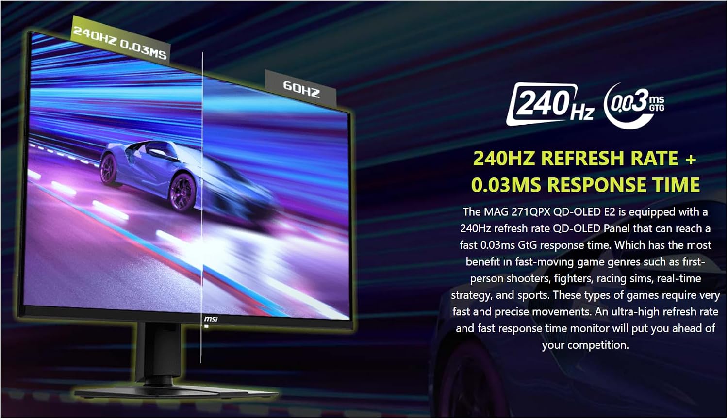 msi 27' QD-OLED Gaming Monitor | QHD(2560x1440), 240Hz, 0.03ms | AMD FreeSync Premium Pro | True Black HDR 400, 99% DCI-P3 | USB-C, Adjustable Ergonomic Stand