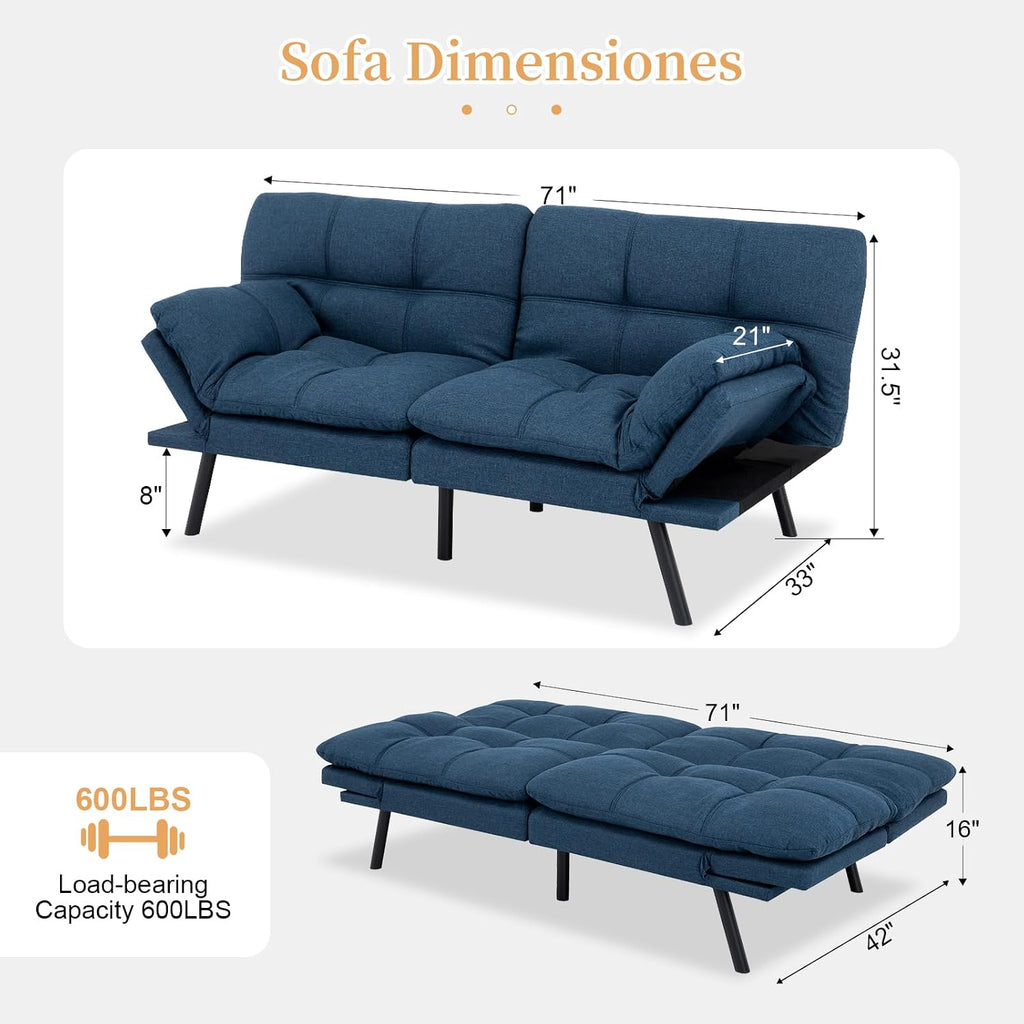 Opoiar Futon Sofa Bed Modern Memory Foam Sleeper Sofa Convertible Navy Couch Adjustable Armrest&Backrest Leather Futon for Living Space,Apartment,Office Sofabed