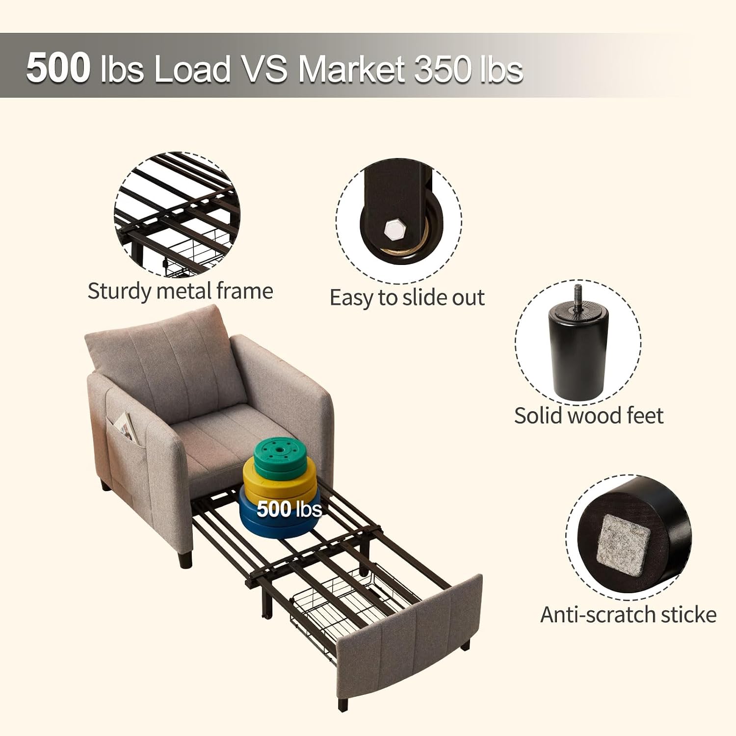 ZZW Sleeper Chair, 84' Extra Long Convertible Chair Bed, Upgraded 3-in-1 to 4-in-1 Pull Out Chair & Single Sofa Bed for Adult, Sleeping Chair for Living Room, Small Space (Light Grey)