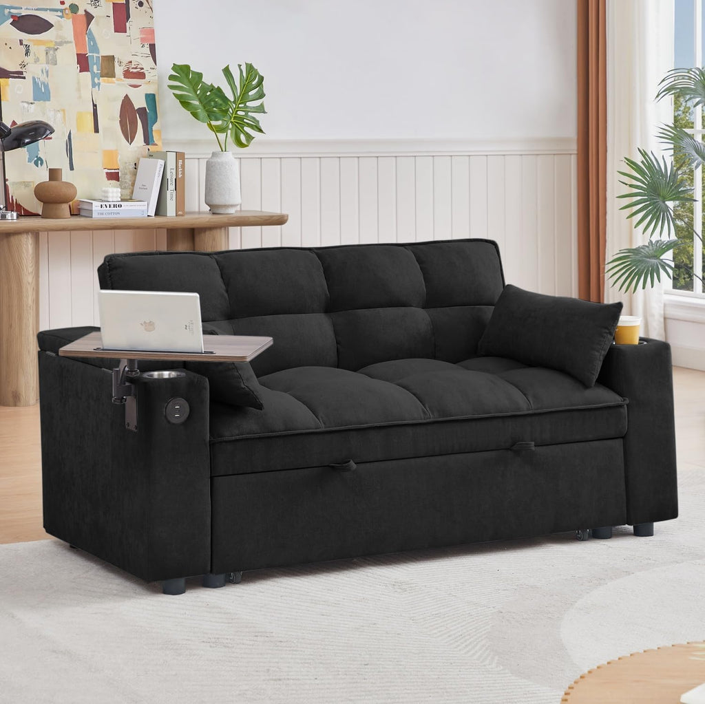 oaaktu ﻿ 65''Convertible Sleeper Sofa Bed,3-in-1 Pull Out Couch Bed with 360 Degree rotatable Side Table and USB Ports for Living Room,RV (07Black)