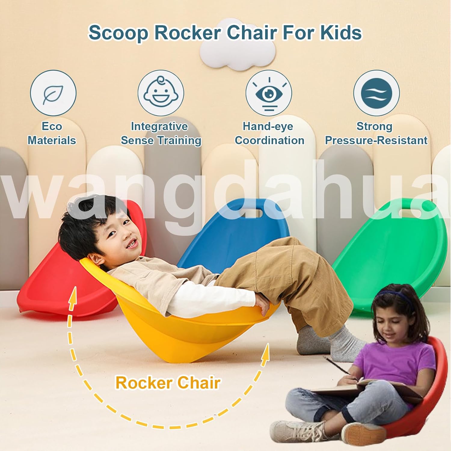 4-Packs Scoop Rocker Chair for Kids, Toddler Reading Chair with Back Support, Plastic Scoop Rockers for Classroom, Lightweight Wiggle Floor Chair Sensory Balance Wobble Seat,4pcs
