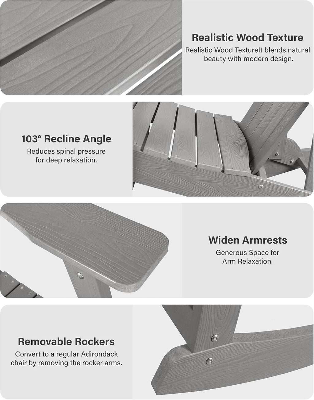 YEFU Outdoor Rocking Chair Set of 2,Adirondack Rocking Chair,Patio Rocker Chair with Wide Back,Oversized Rocker Chair Look Like Real Wood, for Lawn, Porch, Backyard, Indoor and Garden(Grey)
