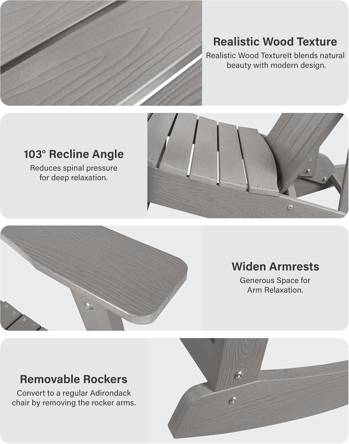 YEFU Outdoor Rocking Chair Set of 2,Adirondack Rocking Chair,Patio Rocker Chair with Wide Back,Oversized Rocker Chair Look Like Real Wood, for Lawn, Porch, Backyard, Indoor and Garden(Grey)