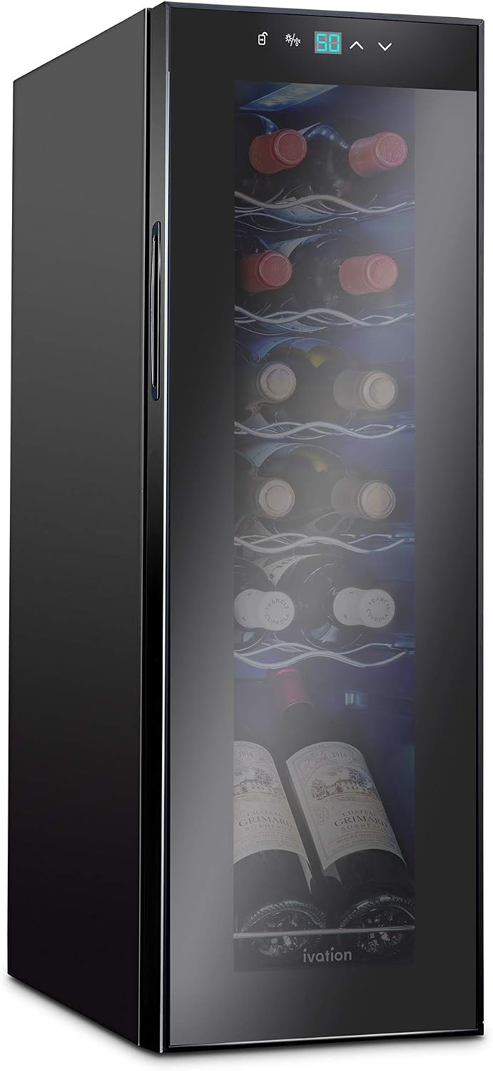 Ivation 12 Bottle Compressor Wine Cooler Refrigerator | Large Freestanding Wine Cellar For Red, White, Champagne or Sparkling Wine | 41f-64f Digital Temperature Control Fridge Glass Door Black