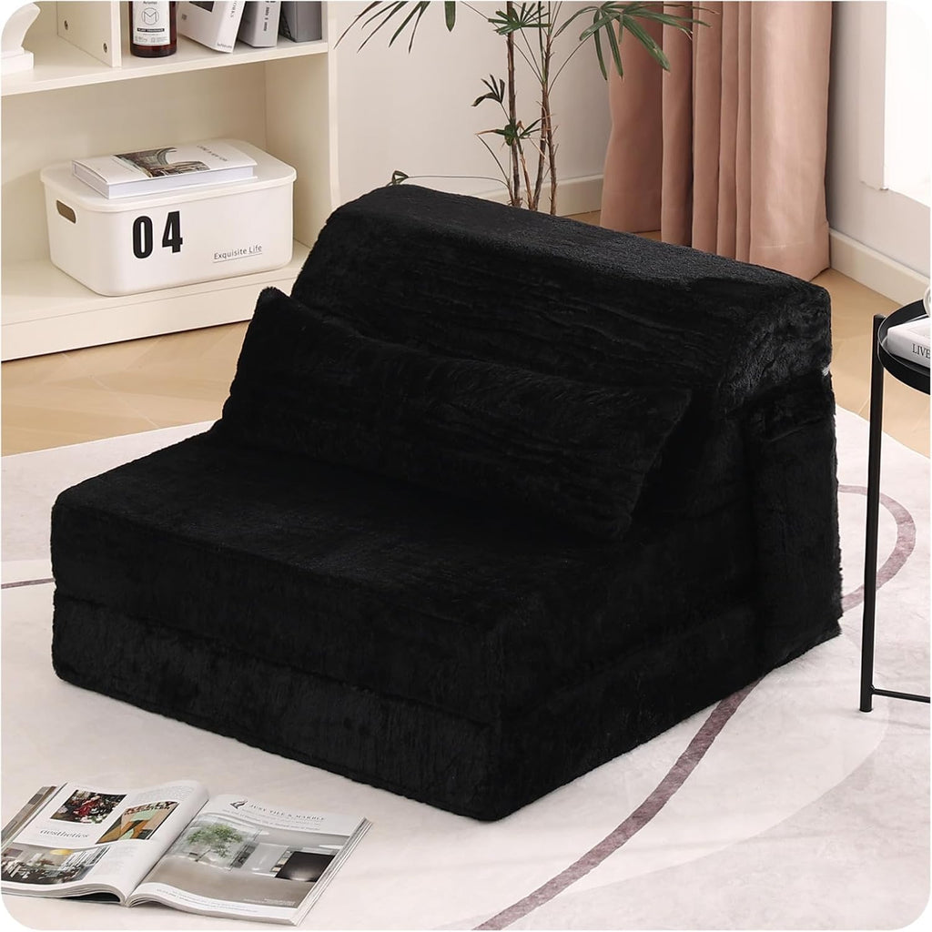 Tiita Convertible Folding Sofa Bed Single Size for Adults with Pillow, Plush Fabric Floor Mattress Couch Bed, Washable Cover & Side Pocket, Guest Room, Dorm, Apartment, Living Room, Black