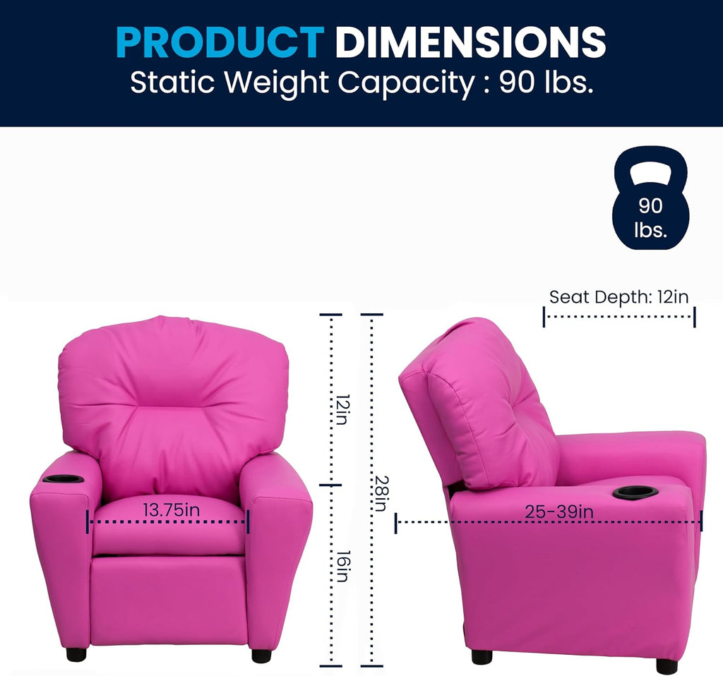 Flash Furniture Chandler Vinyl Kids Recliner with Cup Holder and Safety Recline, Contemporary Reclining Chair for Kids, Supports up to 90 lbs., Hot Pink
