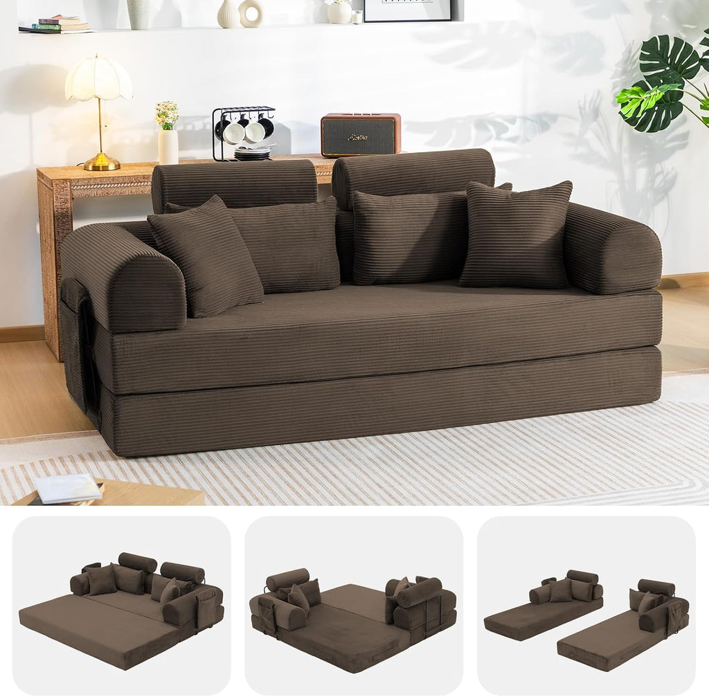 79' Convertible Boneless Couch for Small Spaces, 6-in-1 Corduroy Sofa Bed with High Backrest, Pillows, High-Density Foam Loveseat Sleeper Couch in a Box for Living Room, No Assembly, Brown