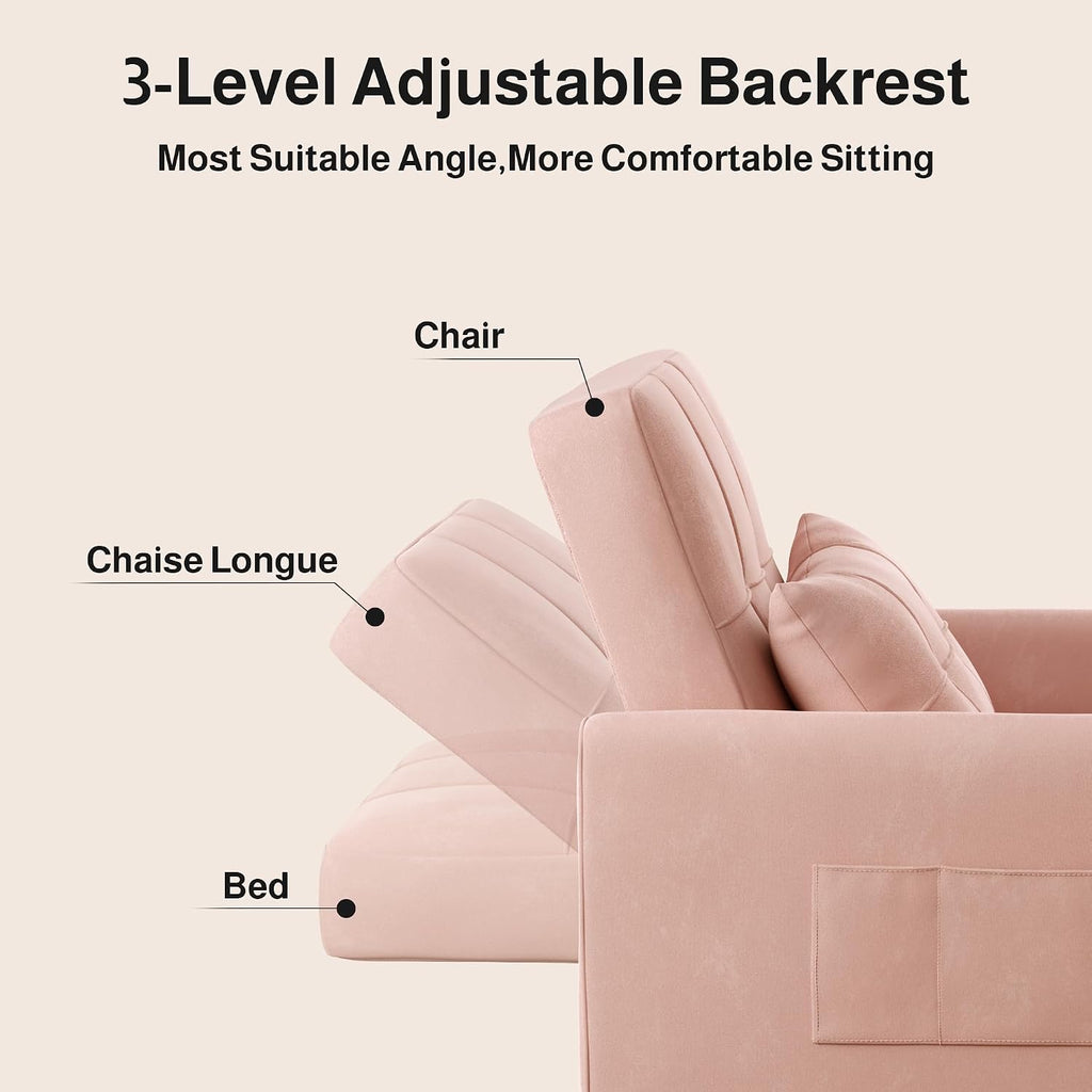 Ahomly Convertible Sleeper Chair Sofa Bed with 3-in-1 Design, Adjustable Backrest, and Storage Pocket for Living Room, Pink