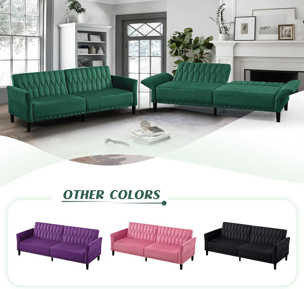 77' Velvet Sleeper Couch with Adjustable Backrests & Armrests, Modern Sofa Bed with Nailhead Trim, Tufted Loveseat Sofa with Deeper Seat for Living Room,Office,Green