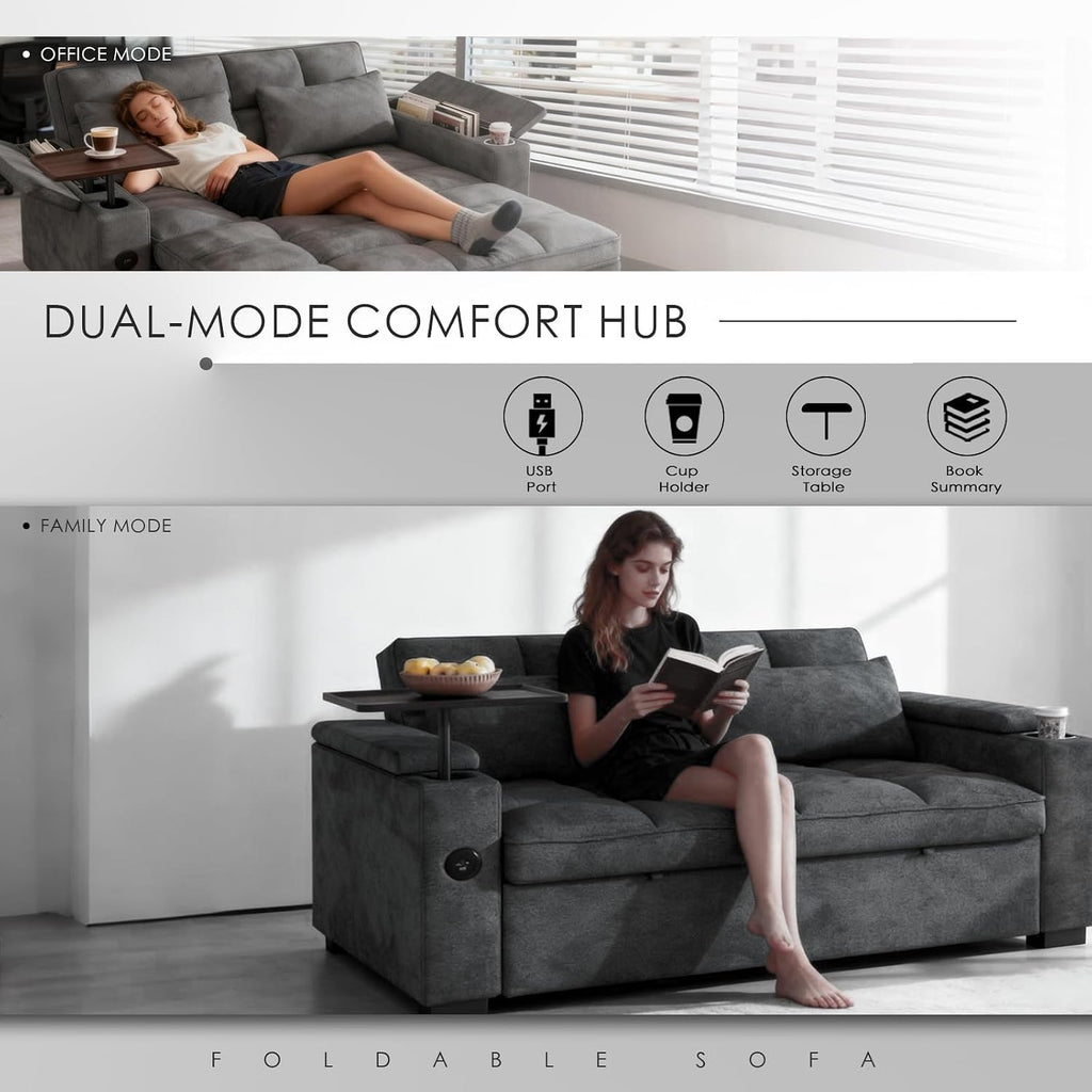 Dreamzie 65'' Convertible Sleeper Sofa Bed with 90° Swivel Side Table, Chenille Pull Out Couch for Living Room, Loveseat Sleeper with Hidden Storage Space | Charging Port | Cup Holders, Grey