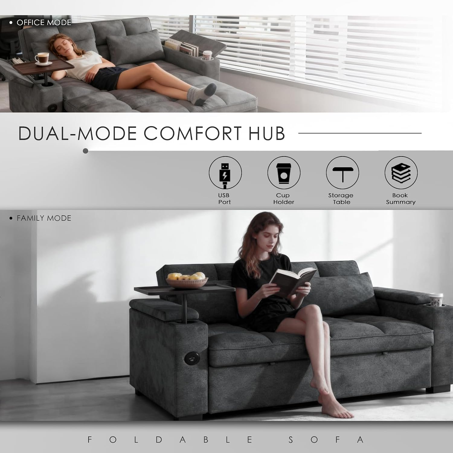Dreamzie 65'' Convertible Sleeper Sofa Bed with 90° Swivel Side Table, Chenille Pull Out Couch for Living Room, Loveseat Sleeper with Hidden Storage Space | Charging Port | Cup Holders, Grey