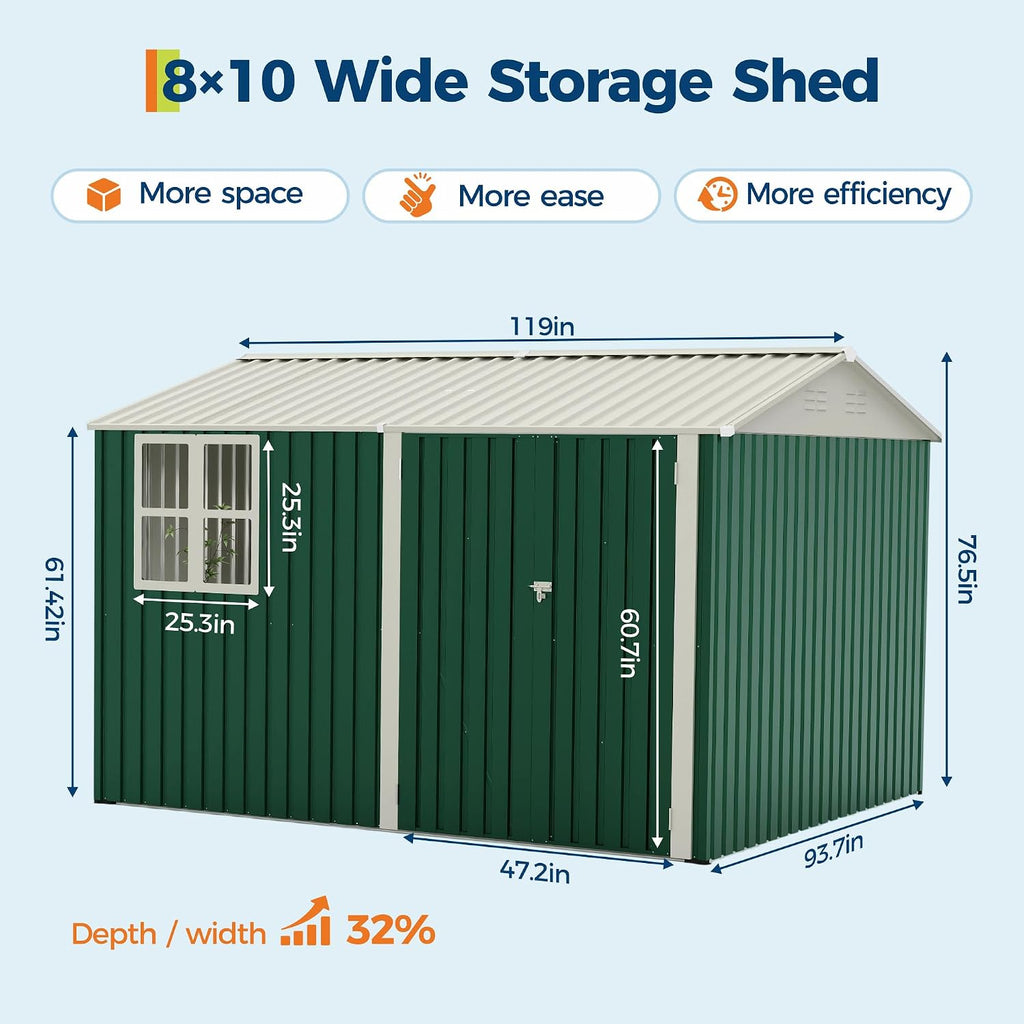 GarveeLife 8x10 FT Outdoor Storage Shed,450CU.T Metal Tool Shed with Clear Window, Lockable Doors,Large Garden Storage Box with Sloping Roof，Sheds&Outdoor Storage for Backyard Garden Patio Lawn, Green