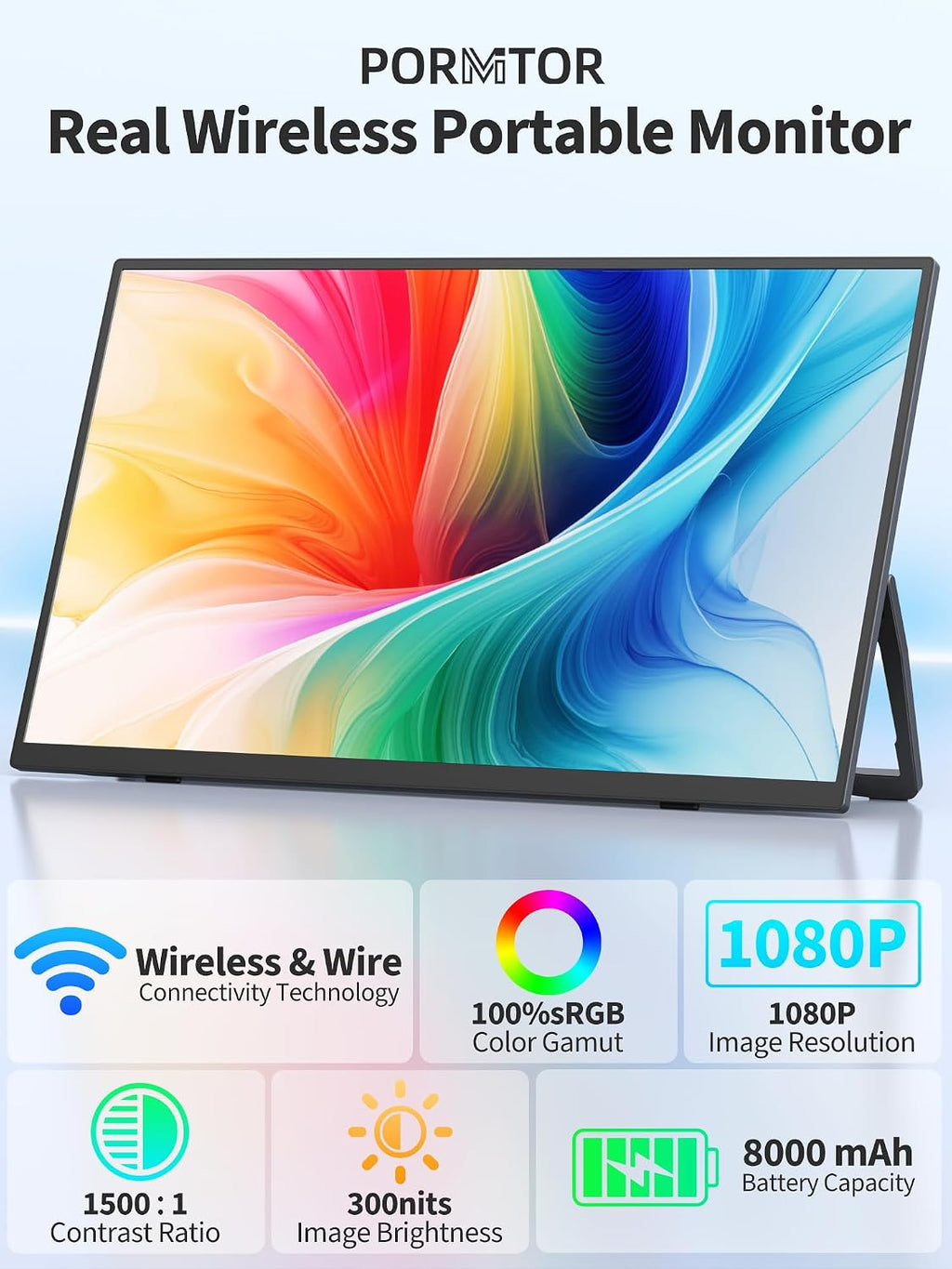 Wireless Portable Monitor with Battery, Wireless Monitor for Laptop-15.6' 1080P FHD Travel Monitor for Laptop, Support AirPlay Miracast for Windows/Mac/Android/iOS