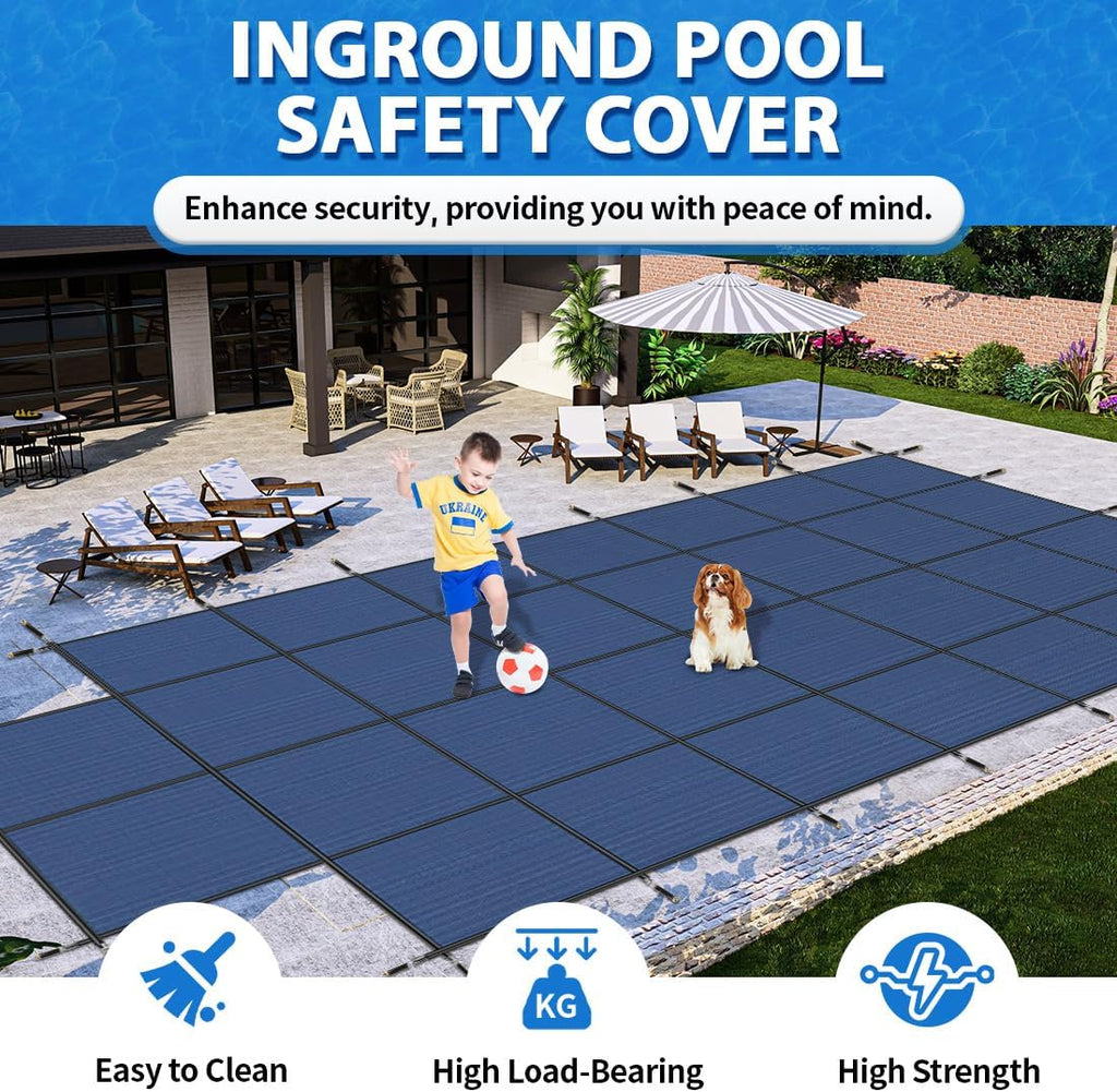 iCOVER Inground Pool Safety Cover, Fits 16x32ft Rectangular Pools with 4x8ft Center End Step, Winter Pool Covers for Inground Pools, Safety Pool Covers, Triple Stitched High Strength, Blue