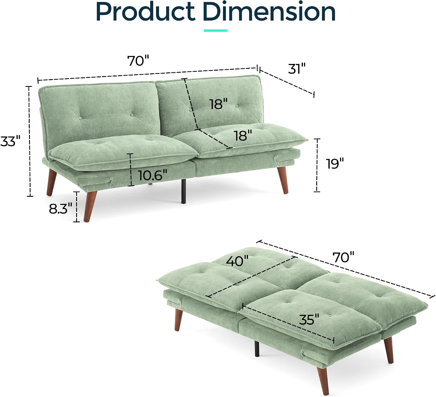 LINSY HOME Futon Sofa Bed, 70' Futon Couch with Adjustable Backrest and Armrest, Comfy Loveseat Convertible Folding Sleeper Sofa Couches for Small Spaces Living Rooms Apartment Office