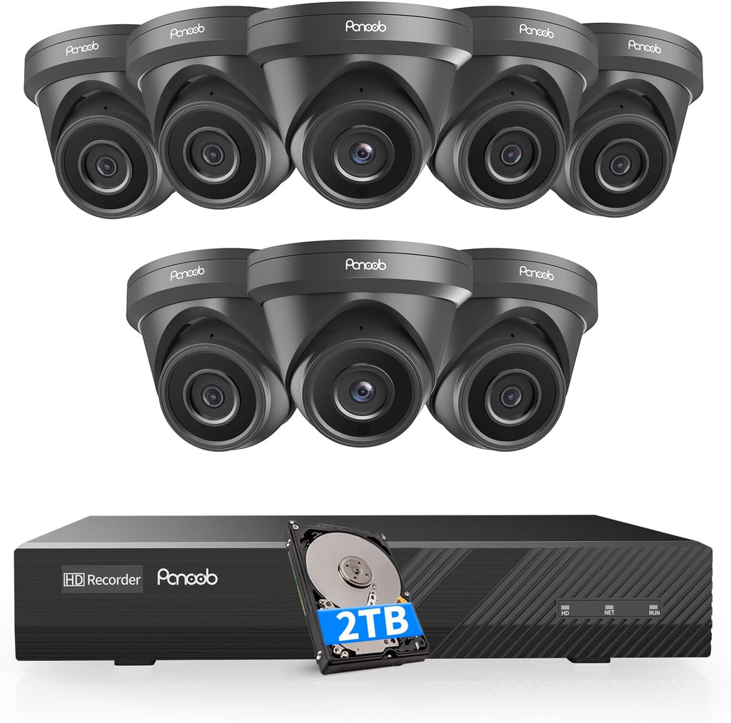 8 Channel Security Camera System PoE, 8X Wired IP Dome Turret PoE Camera for Indoor Outdoor, Remote Playback 24/7 Recording, Human Detection, Built-in Mic, 4K 8CH NVR 2TB HDD, PD93A30808-5M