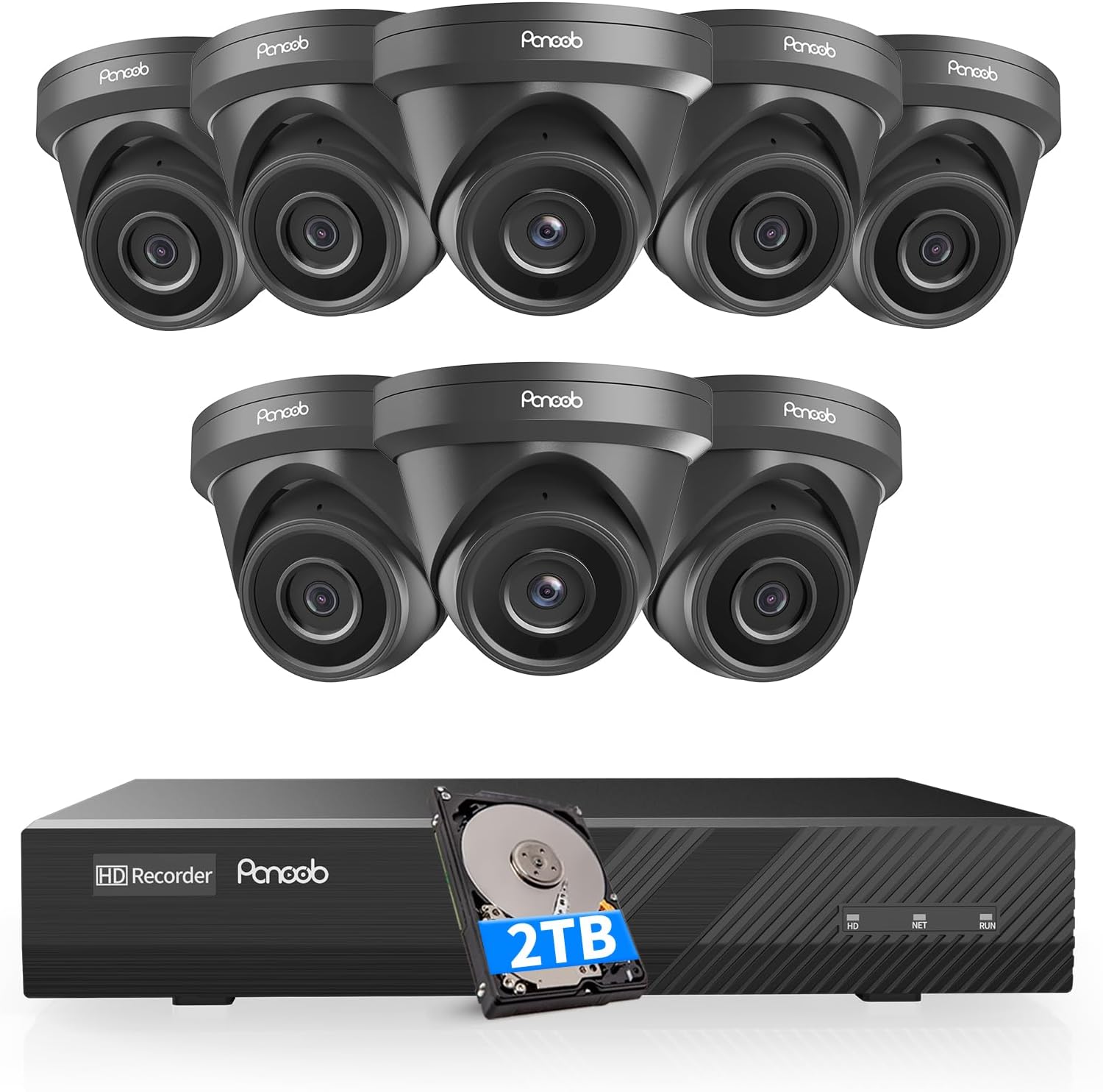 8 Channel Security Camera System PoE, 8X Wired IP Dome Turret PoE Camera for Indoor Outdoor, Remote Playback 24/7 Recording, Human Detection, Built-in Mic, 4K 8CH NVR 2TB HDD, PD93A30808-5M