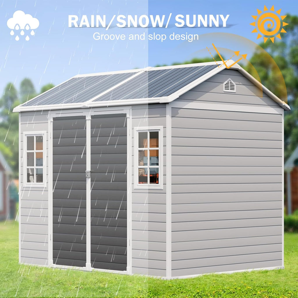 CDCASA 8x6 FT Resin Storage Shed, Large Waterproof Outside Plastic Tool Storage Sheds with Floor & Adjustable Openable Windows, Lockable Door for Backyard Patio Lawn, Dove Grey