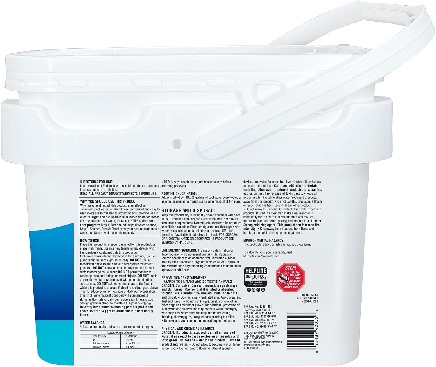HTH 42055W Pool Care 3' Chlorine Tabs Advanced, Individually Wrapped Tablets - Swimming Pool Sanitizer with Clarifier & Algaecide, Destroys Bacteria & Algae, Delivers Clear Water All Season, 25 lbs