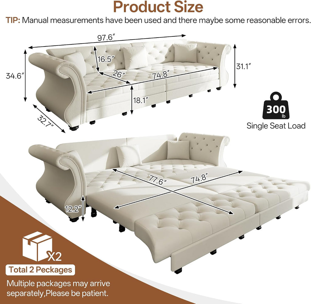 97.6' Oversized Pull Out Sofa Bed, Chesterfield Velvet Sleeper Sofa Couch with Roll Arm & Flower Tufting, Heavy Duty Metal Frame Convertible Sofa for Living Room, Apartment, Guest Room, Beige | Pull Out, Roll Arm, Flower Tufting, Convertible