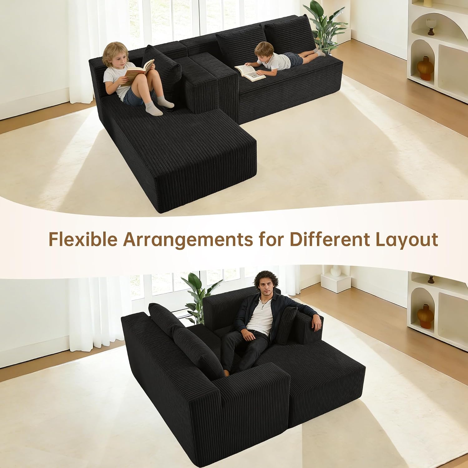 Nigoone 103' Cloud Sectional Sofa, Boneless L-Shape Couch with Chaise, Modern Minimalist Modular Couch for Living Room, Free Combination, Deep Seat, No Assembly Required, Premium Corduroy, Black, R