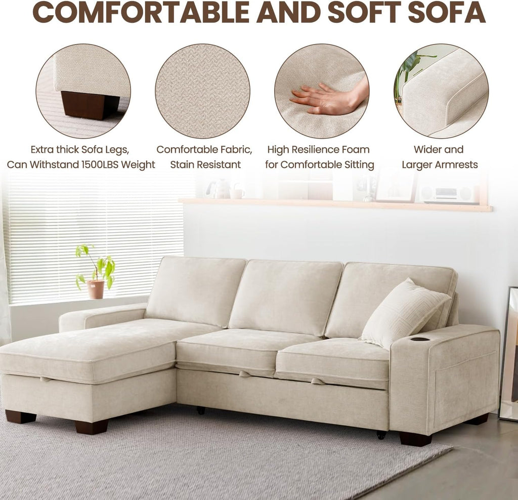 99' Convertible Sleeper Sofa Bed,L Shaped with Storage Chaise Pull Out Couch for Living Room,USB and Type-C,Removable Washable Chenille Covers (Beige)