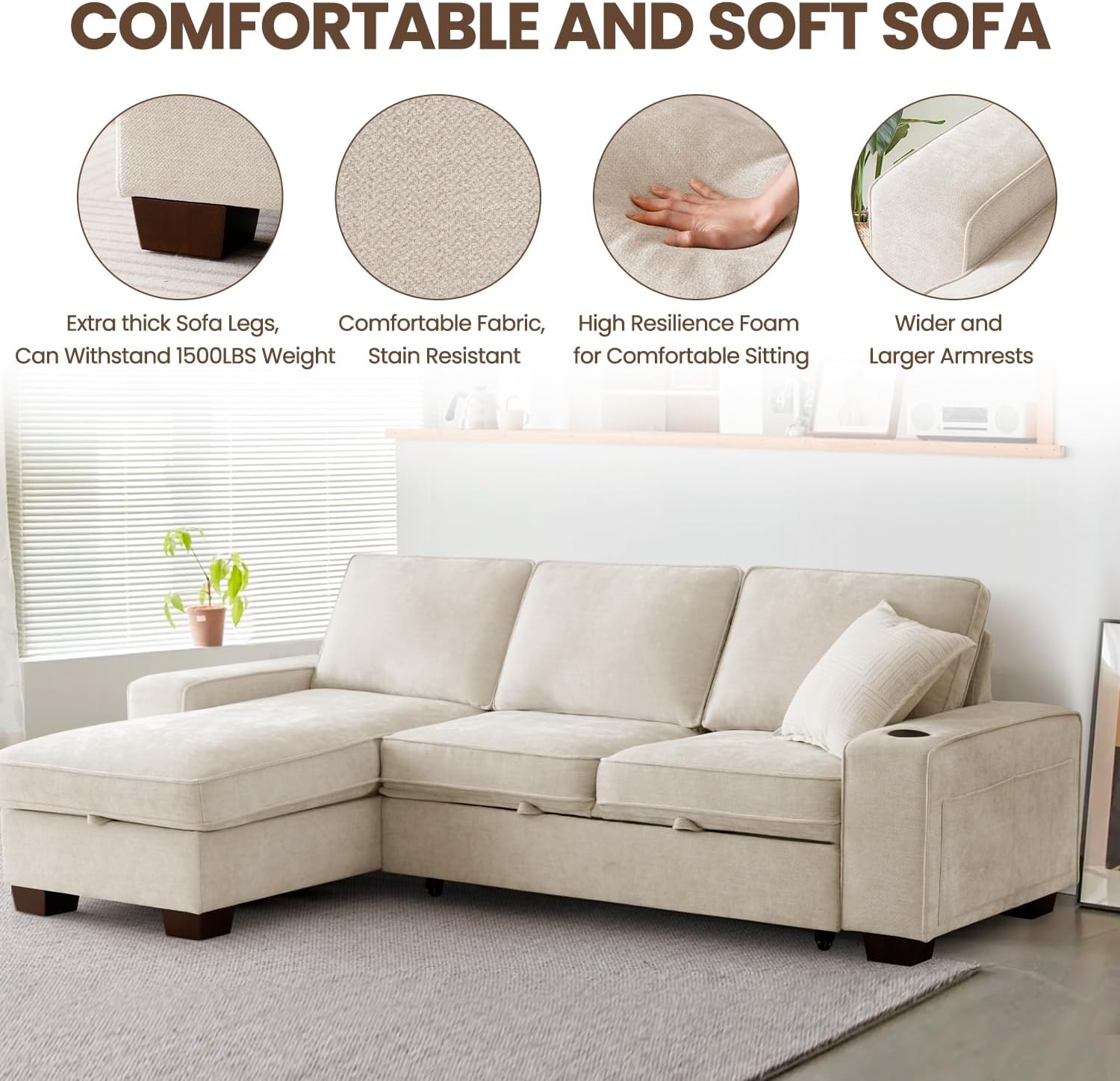 99' Convertible Sleeper Sofa Bed,L Shaped with Storage Chaise Pull Out Couch for Living Room,USB and Type-C,Removable Washable Chenille Covers (Beige)