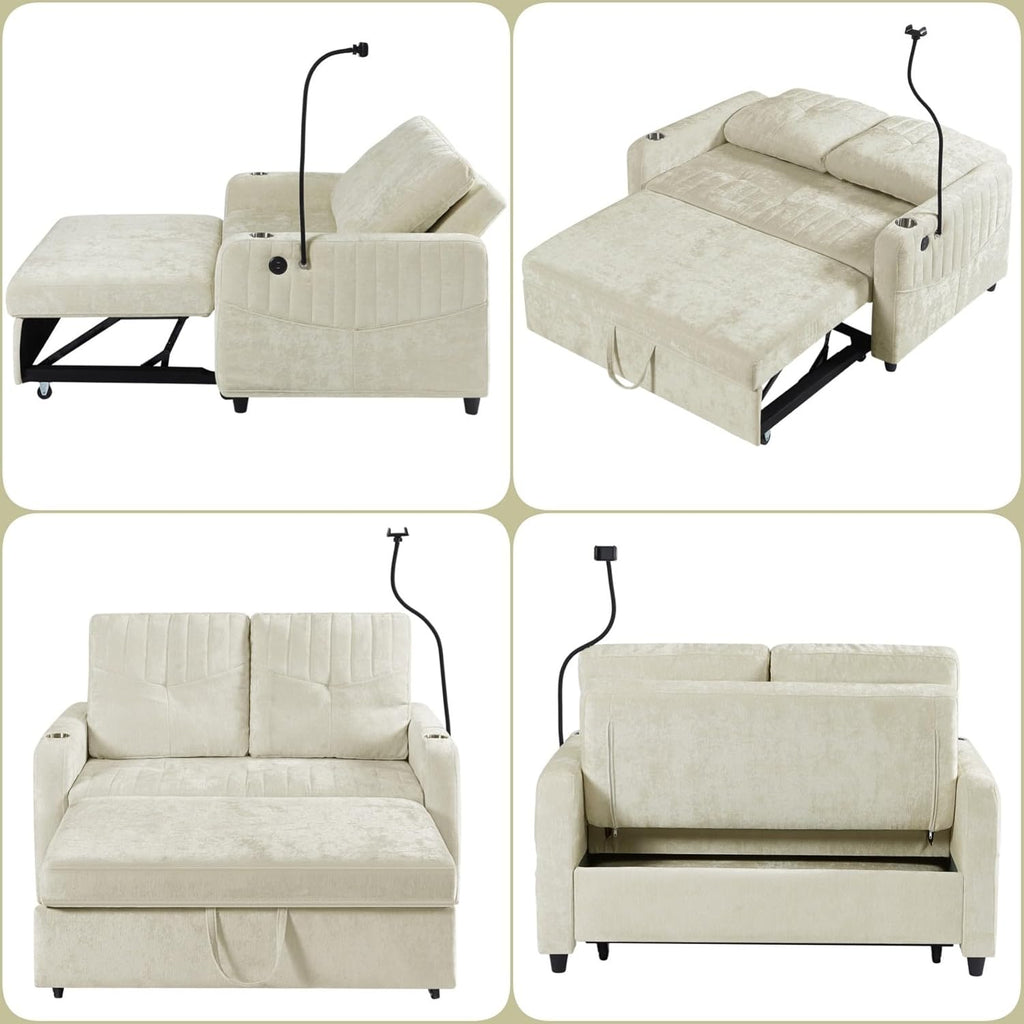 Merax Chenille 3-in-1 Pull Out Sleeper Sofa Bed Couch, 54' Convertible Futon Loveseat with Adjustable Backrest, 2 Cup Holders, Phone Stand, 3 Charging Ports and Storage Pockets for Living Room, Beige