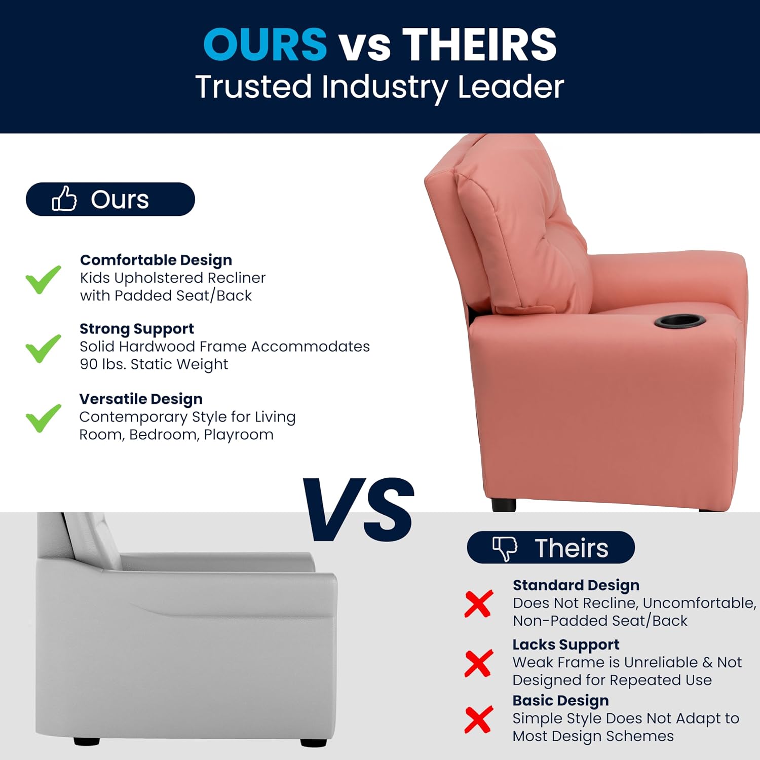 Flash Furniture Chandler Vinyl Kids Recliner with Cup Holder and Safety Recline, Contemporary Reclining Chair for Kids, Supports up to 90 lbs., Pink
