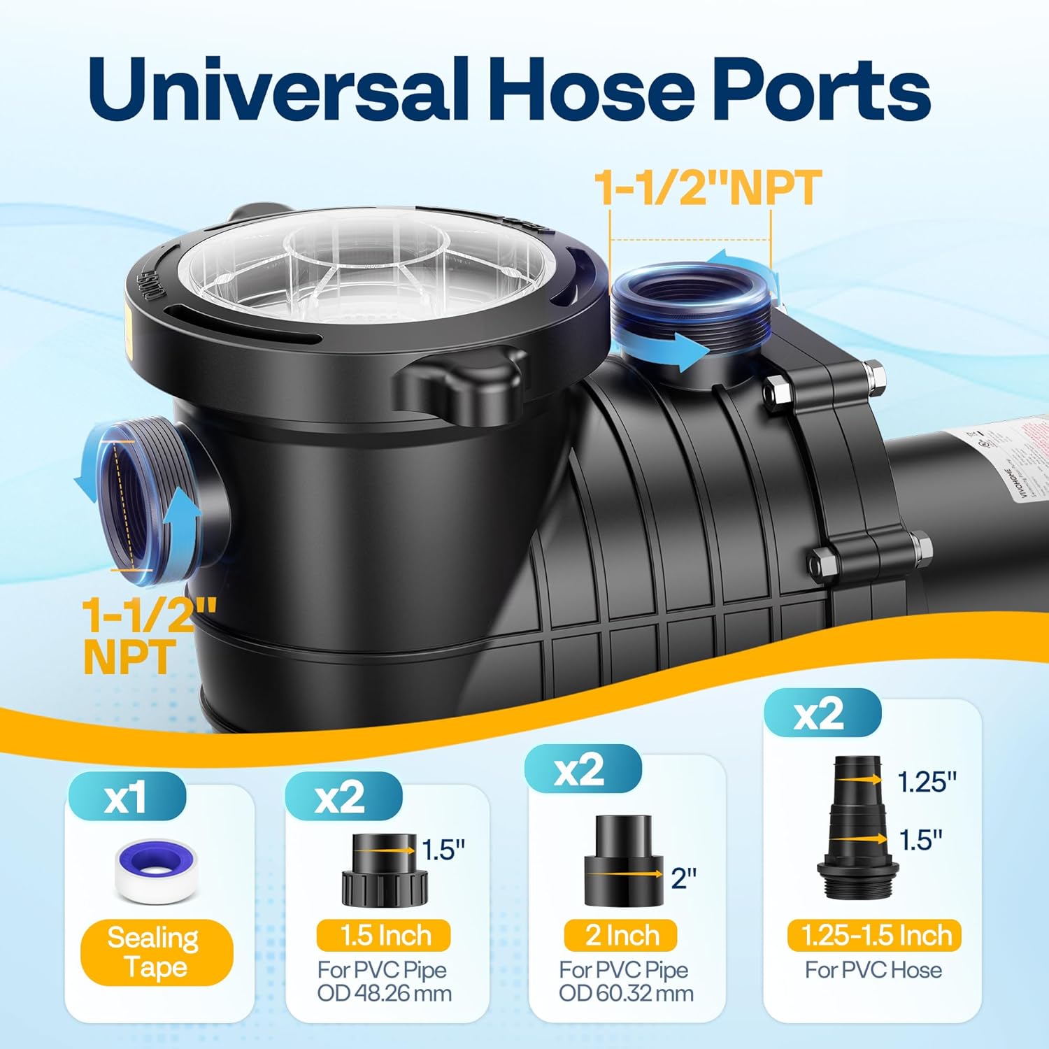 VIVOHOME 2.0HP Pool Pump - 115V/230V Self-Priming Motor - In-Ground/Above Ground - 6800GPH Energy Efficient - 1.5', 2', and 1.25'-1.5' Connectors w/Strainer Basket
