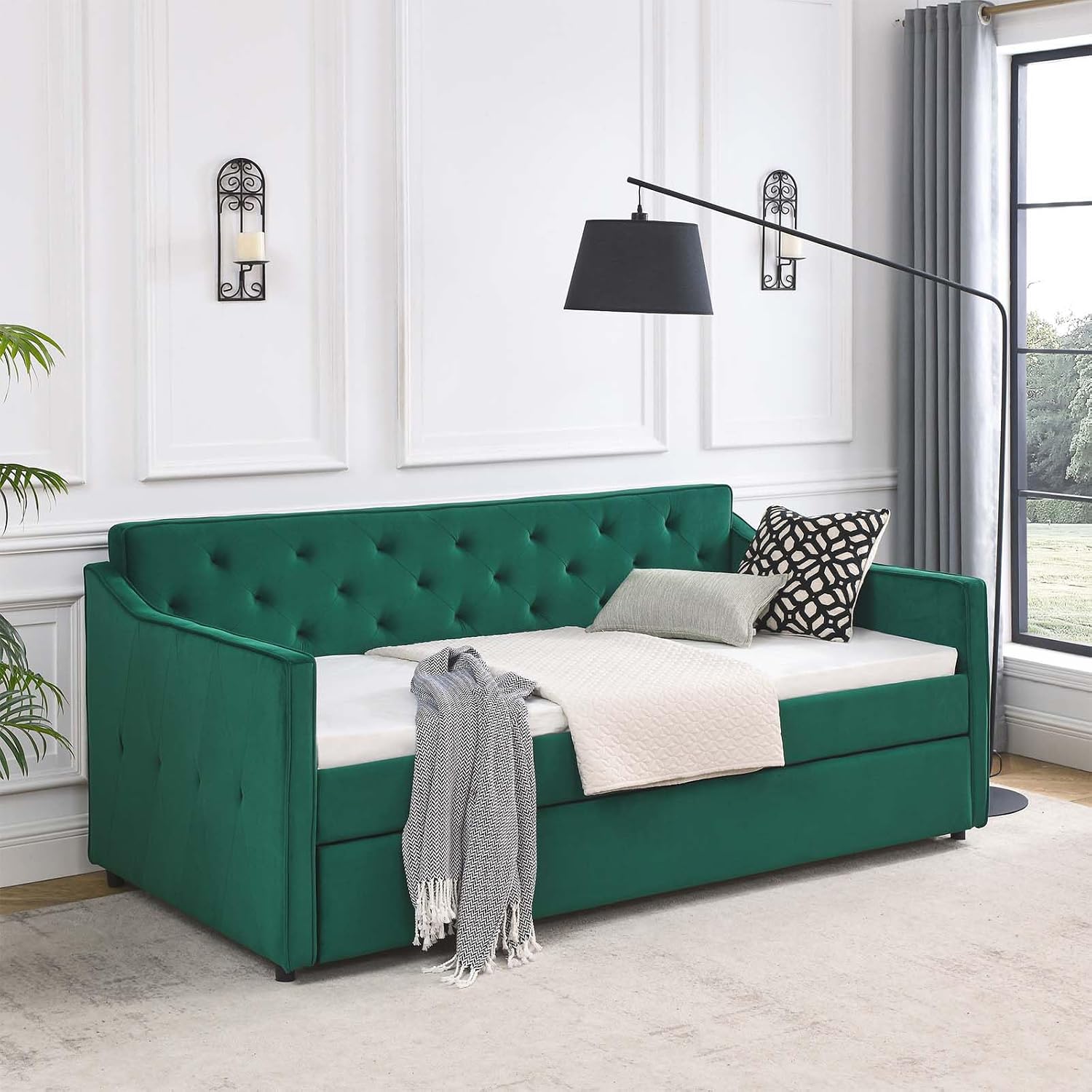 Antetek Daybed with Pop up Trundle, Fabric Upholstered Twin Size Day Bed Pull-Point Sofa Daybed Frame w/Twin Roll-Out Trundle/USB Port, Furniture for Bedroom, Living Room, Guest Room, Green