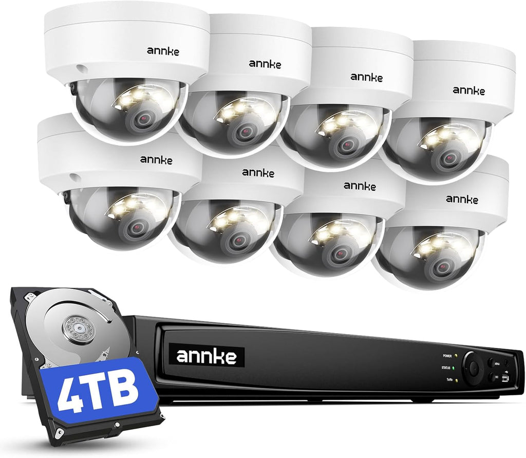 ANNKE 4K 16CH PoE Camera System, H.265+ 12MP NVR, 8X 8MP Wired Dome Security IP Cams, AI Motion Detection, Built-in Mic, 4TB HDD, Spotlight Color Night Vision, Compatible with Alexa, Not PTZ