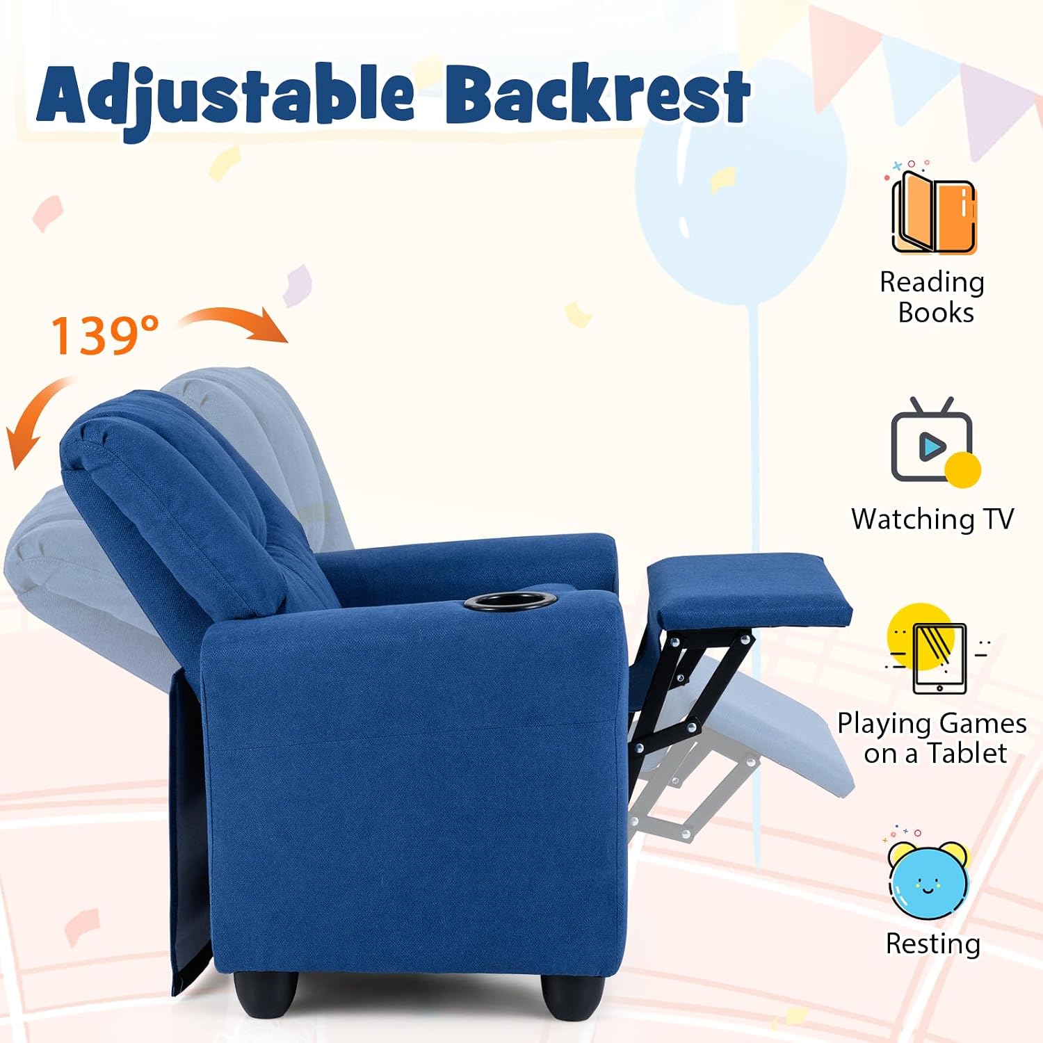 GLACER Kids Recliner with Cup Holder, Fabric Toddler Lounge Chair w/Adjustable Backrest & Footrest, Spring-Loaded Seat Cushion, Push Back Toddler Sofa for Boys & Girls Ages 3+ Years Old (Blue)