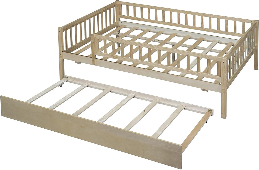 Montessori Bed Frame with Fence Railings and Trundle for Kids,Full Size Wood Low Platform Bed Frame with Full-Length Safety Guardrails for Boys Girls,No Box Spring Needed,Natural