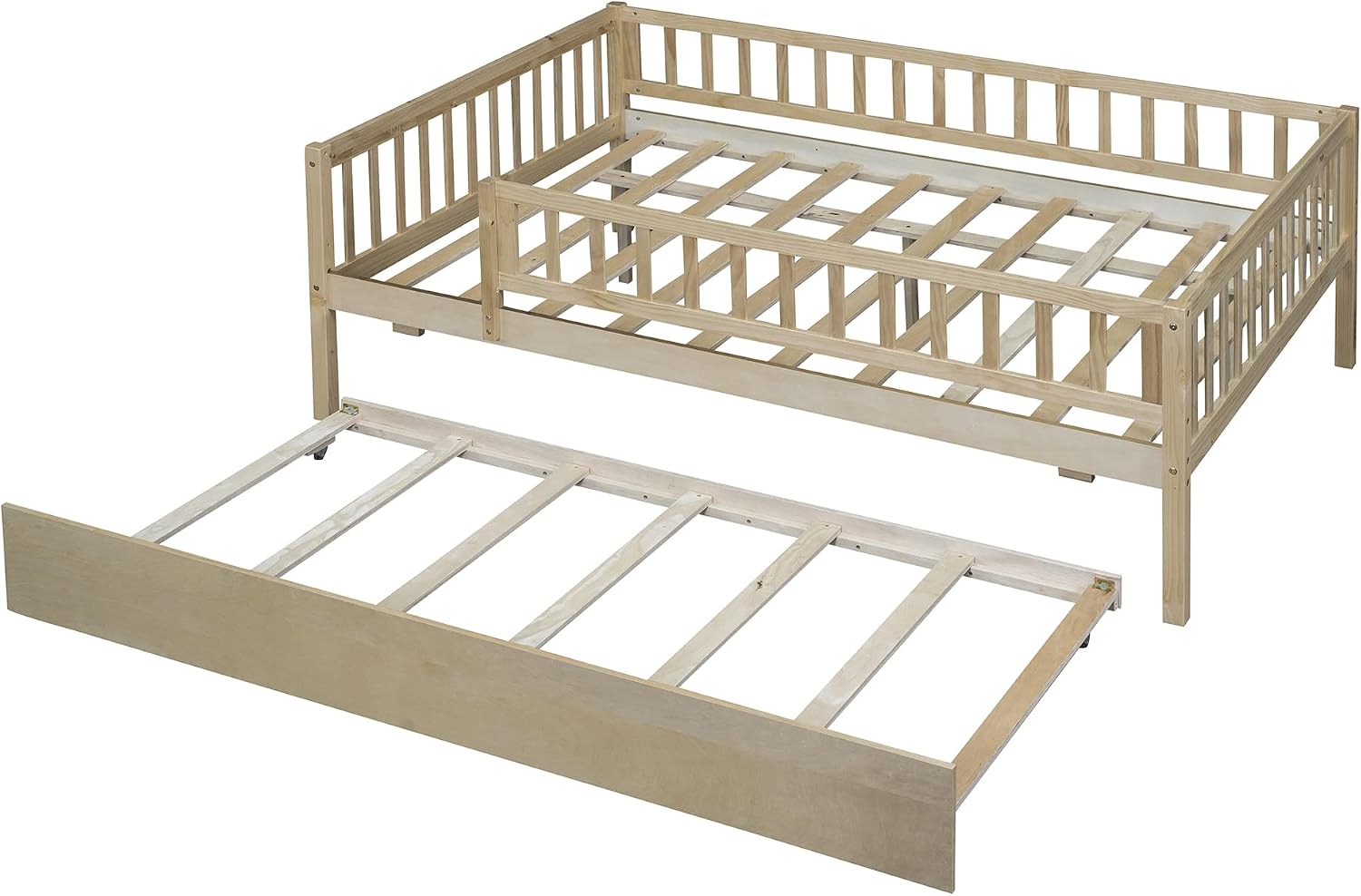 Montessori Bed Frame with Fence Railings and Trundle for Kids,Full Size Wood Low Platform Bed Frame with Full-Length Safety Guardrails for Boys Girls,No Box Spring Needed,Natural