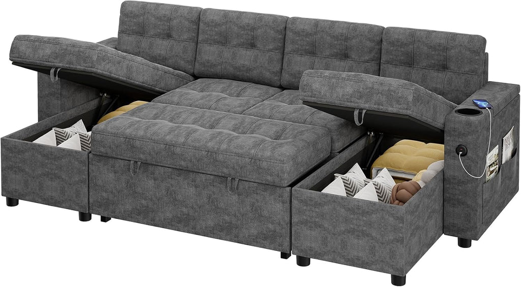 IDEALHOUSE U-Shaped Couches for Living Room, Sofa Bed for Living Room with Reversible Storage Chaises and Hidden Storage Armrests, Cup Holders and USB Charging Ports Included, Dark Grey