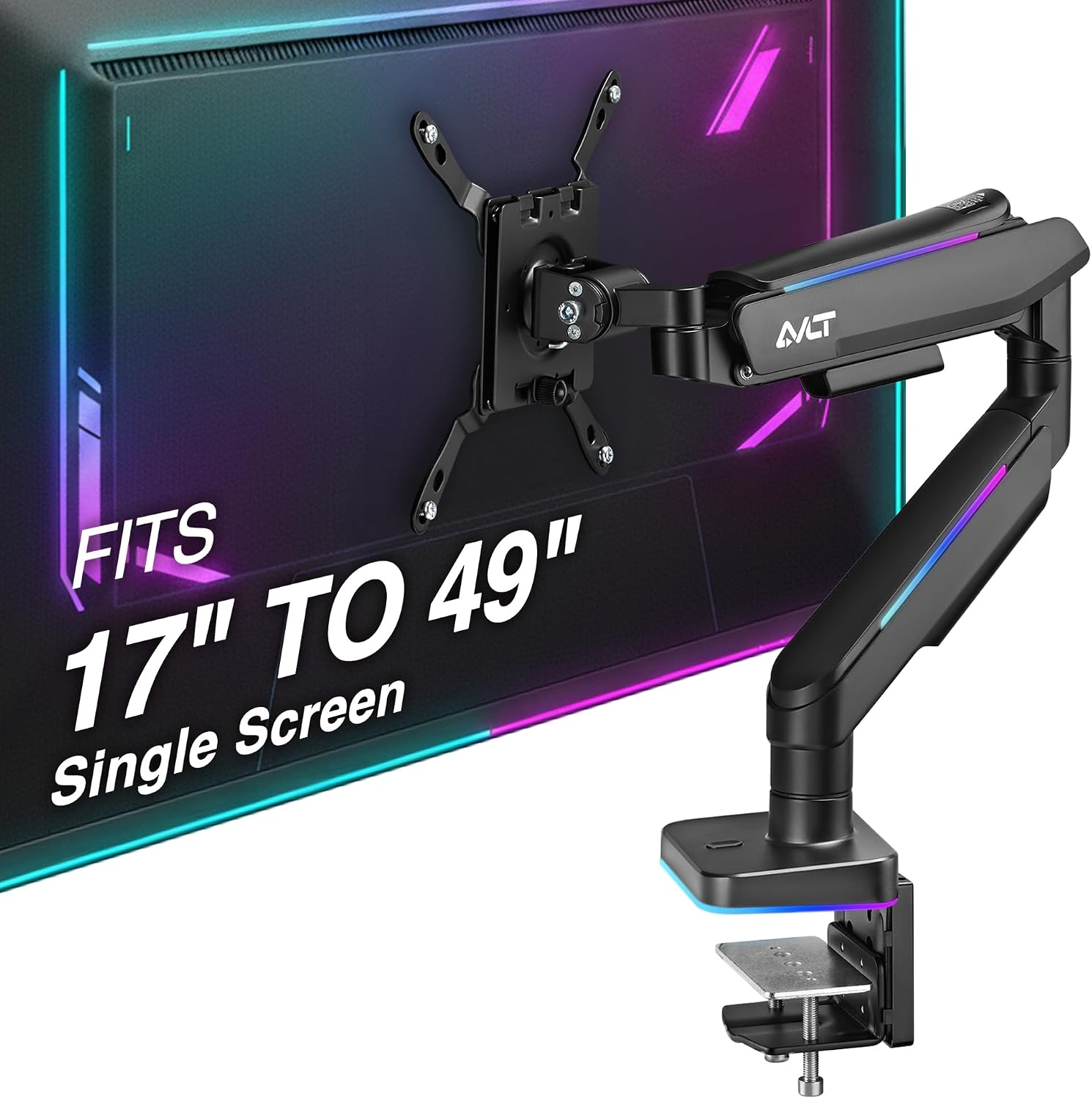 AVLT RGB Lights Single 17'-49' Gaming Monitor Arm Desk Mount, Fits One Flat/Curved/Ultrawide Screen up to 44lbs(20kg), Height Swivel Tilt Adjustable Stand - Black