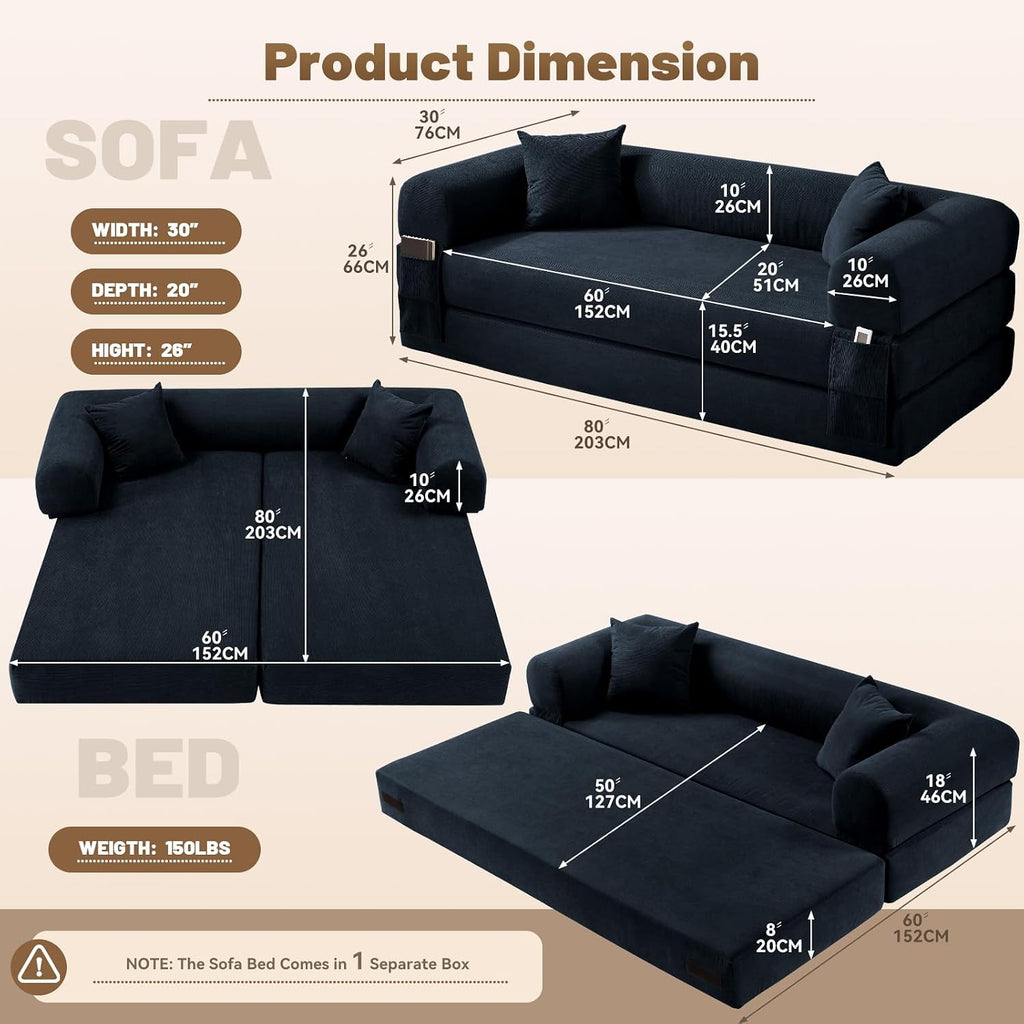 Convertible Sofa Bed Couch,80 Inch Boneless Couches for Living Room,Folding Sleeper Sofa Bed Queen with Storage,Corduroy Flod Out Couch Compressed Couch in a Box,Deep Blue