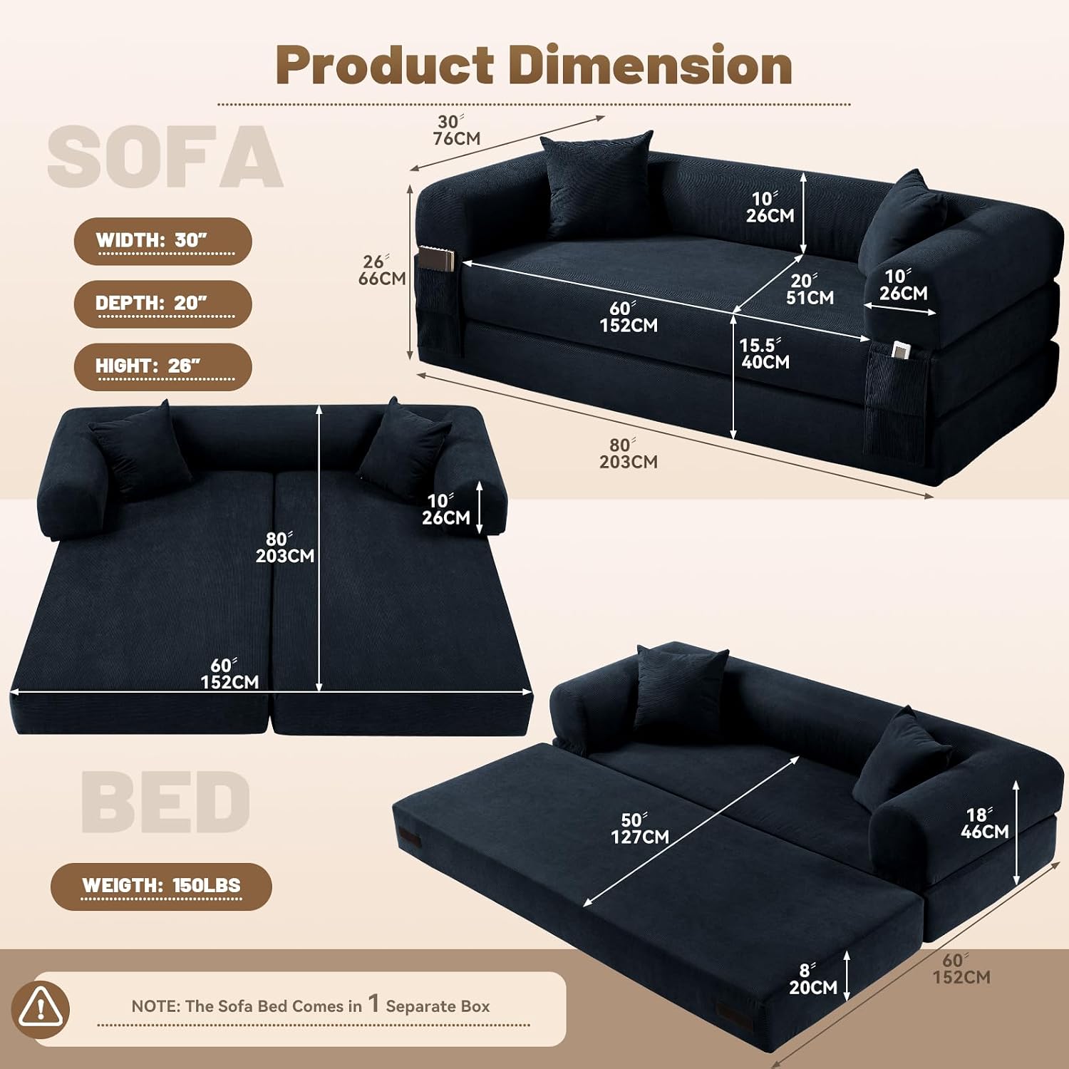 Convertible Sofa Bed Couch,80 Inch Boneless Couches for Living Room,Folding Sleeper Sofa Bed Queen with Storage,Corduroy Flod Out Couch Compressed Couch in a Box,Deep Blue