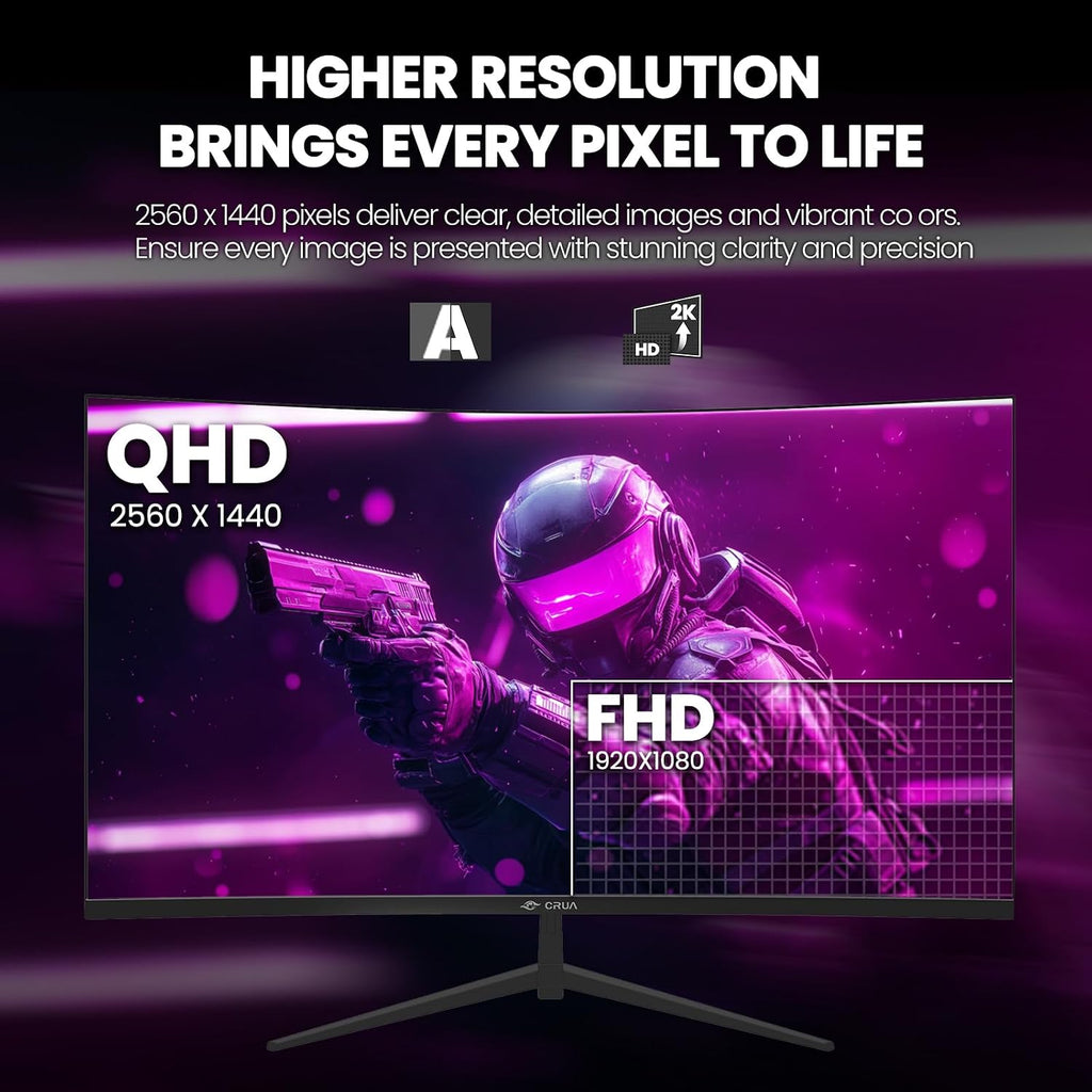 CRUA 32' Curved Gaming Monitor, 2K QHD 2560x1440, 144Hz/165Hz VA Display, 1800R Screen, 120% sRGB, AMD FreeSync, Low Blue Light, HDMI& DP, Wall Mountable PC Monitor for Gaming, Streaming & Work- Black