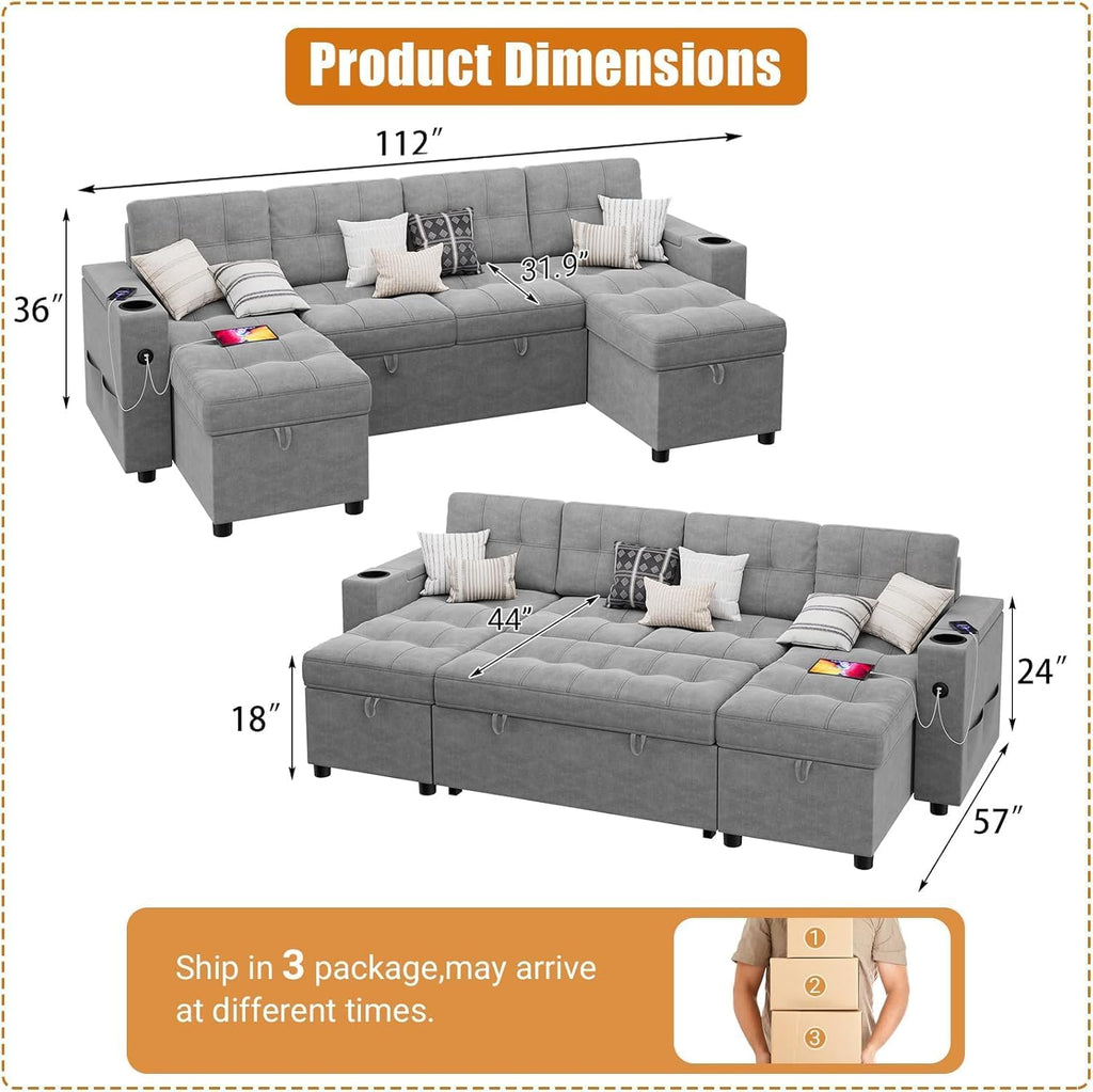 IDEALHOUSE U-Shaped Couches for Living Room, Sofa Bed for Living Room with Reversible Storage Chaises and Hidden Storage Armrests, Cup Holders and USB Charging Ports Included, Light Grey