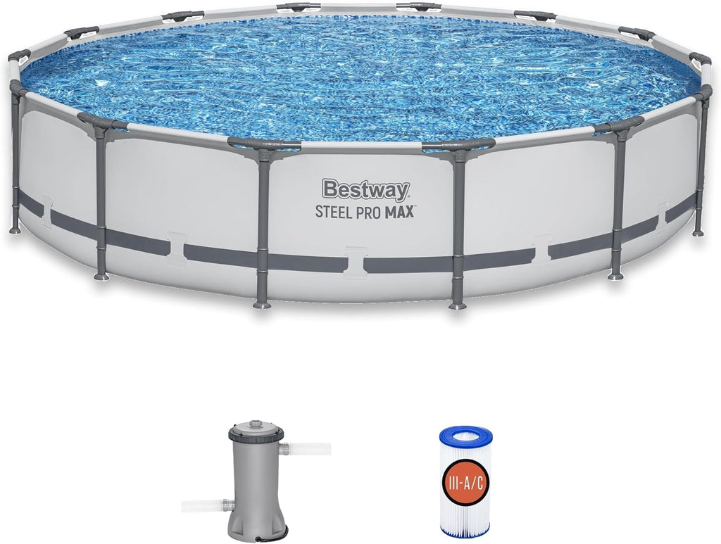 Bestway Steel Pro MAX 14' x 33' Round Above Ground Swimming Pool Set, 530 GPH Filter Pump, Tritech Puncture Resistant Liner, ClickConnect Steel Frame, Gray