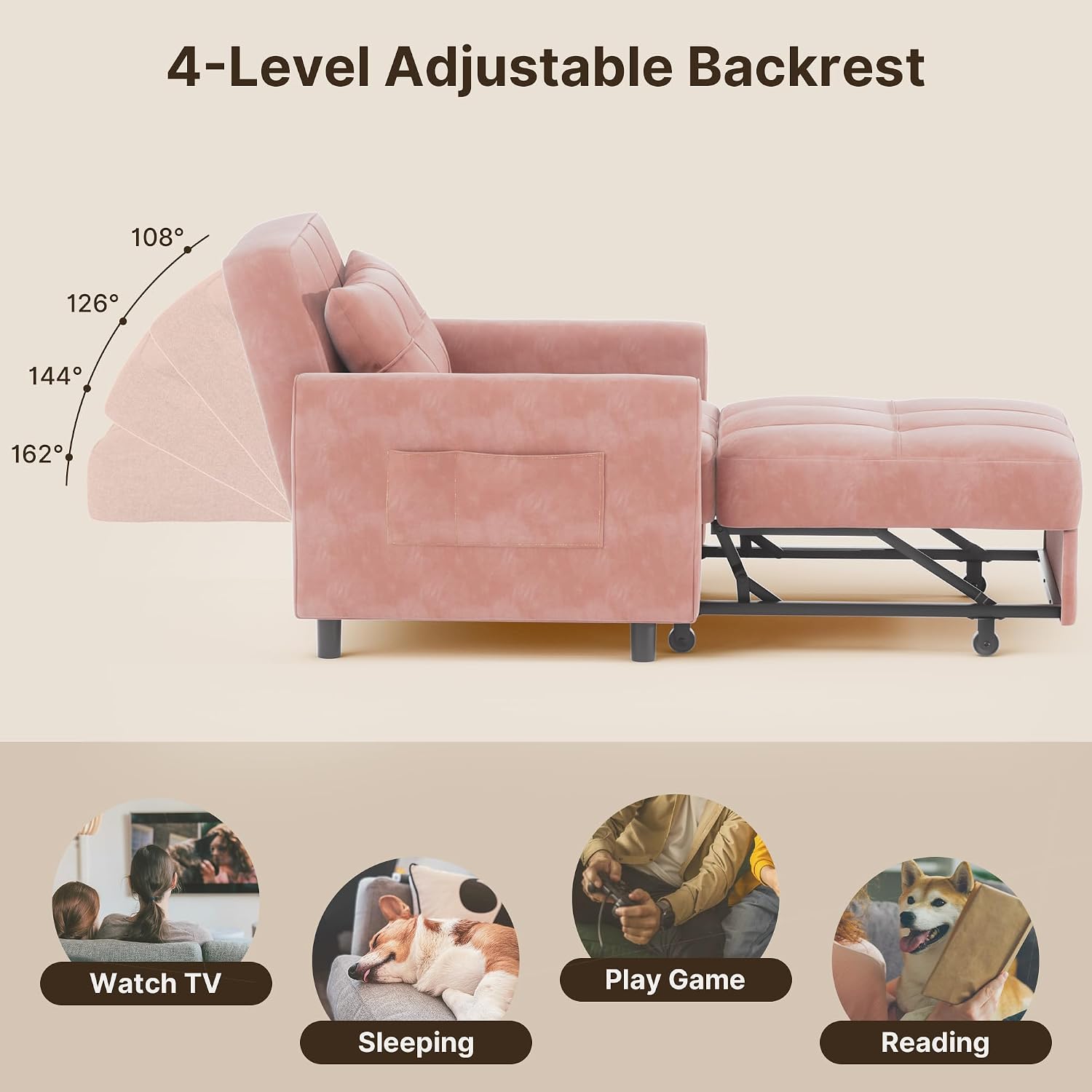 Gizoon Sofa Bed Chair 3 in 1 Convertible, Pullout Single Sleeper Chair Bed with Adjustable Backrest, Spacious Multifunctional Sofa Couches for Living Room, Bedroom, Apartment
