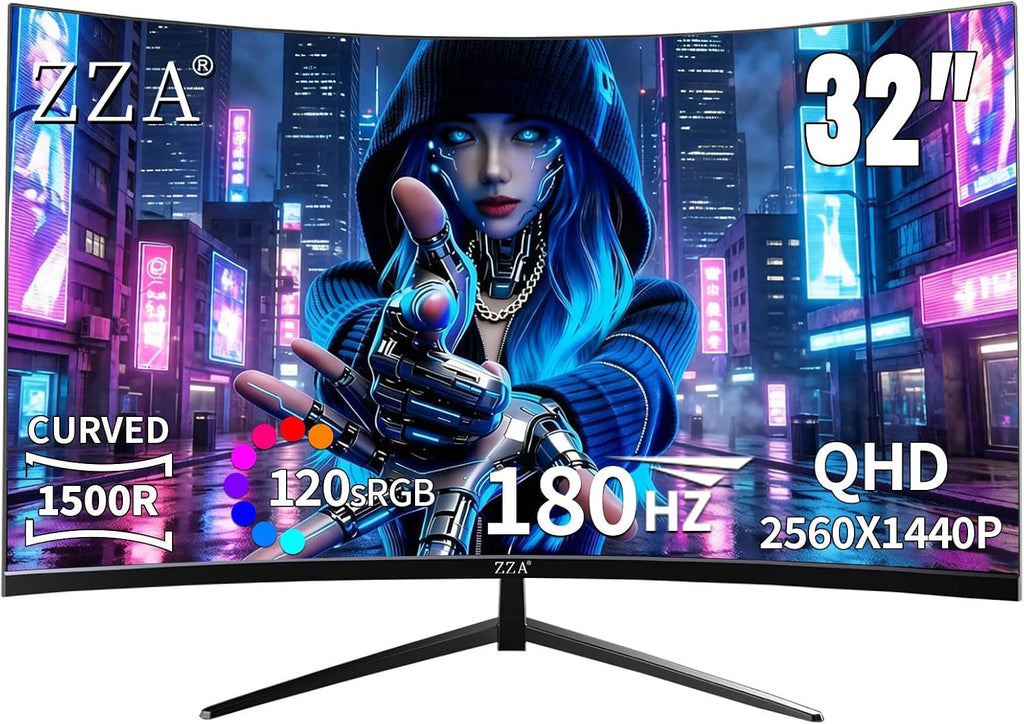 ZZA 32 Inch Curved Gaming Monitor 180Hz 2K Computer Monitor 1500R Curved VA Display, QHD 2560x1440p PC Monitor HDMI DP1.4, 1ms MPRT, HDR, Metal Stand, VESA Compatible (DP Cable Incl.)