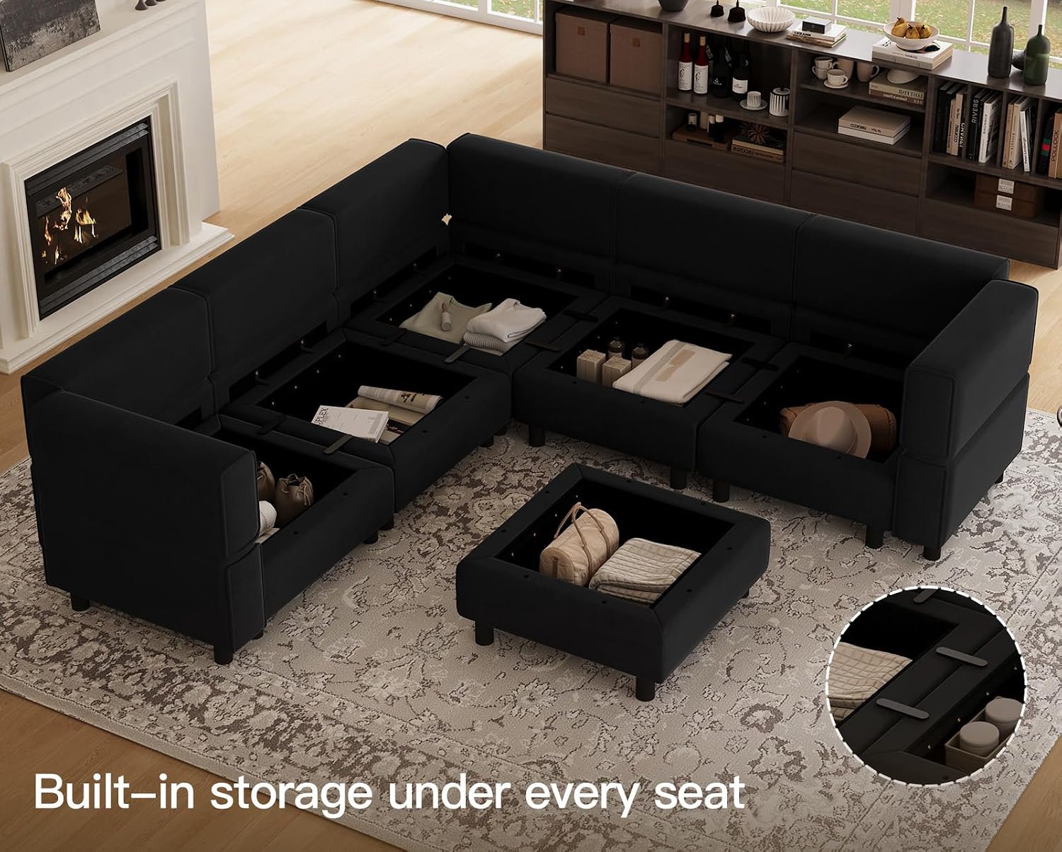 Belffin Modular Sectional Sofa with Storage Seats Velvet L Shaped Corner Couch Convertible Sectional Sofa with Chaise Black