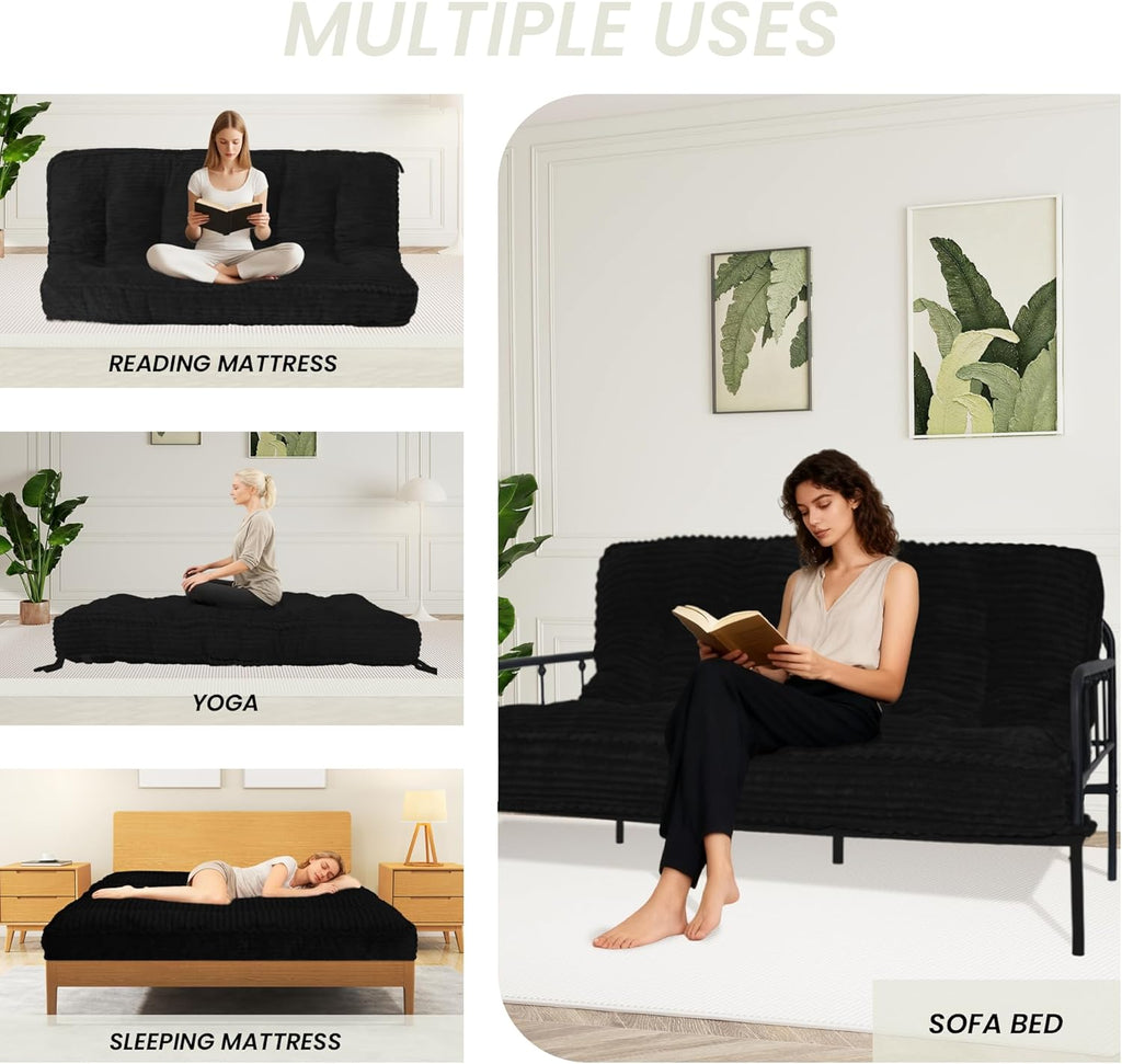 8 Inches Futon Mattress Queen Size, Extra Thick Futons Sofa Couch Bed with Strap Design, Japanese Floor Mattress for Adults, Folding Mattres Shredded Foam Filling (Frame Not Included), Black