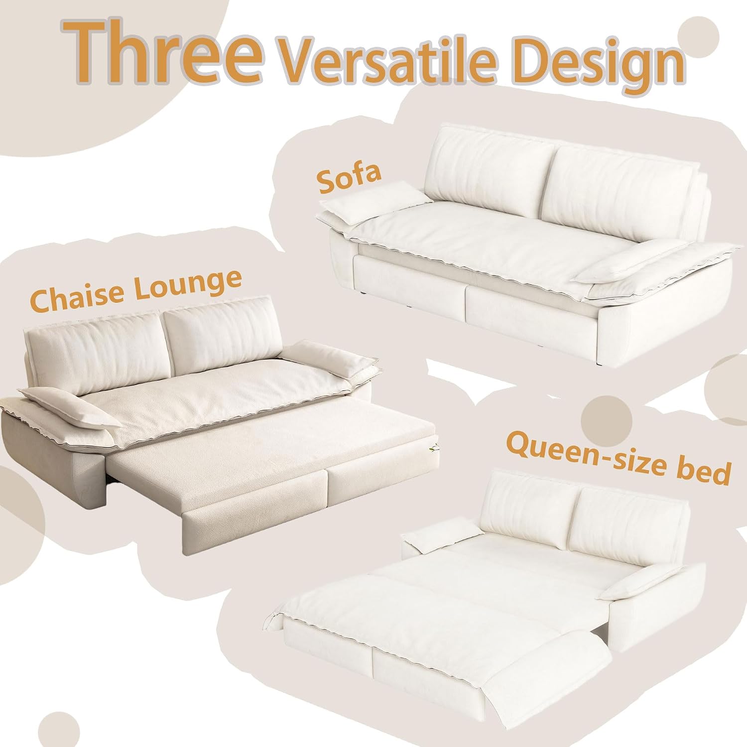 73.2' Queen Size Pull Out Sofa Bed, 3-in-1 Convertible Sleeper, Velvet Loveseat for Living Room, Apartment, Bedroom Small Spaces, Beige (Mattress & Bedding Not Included)
