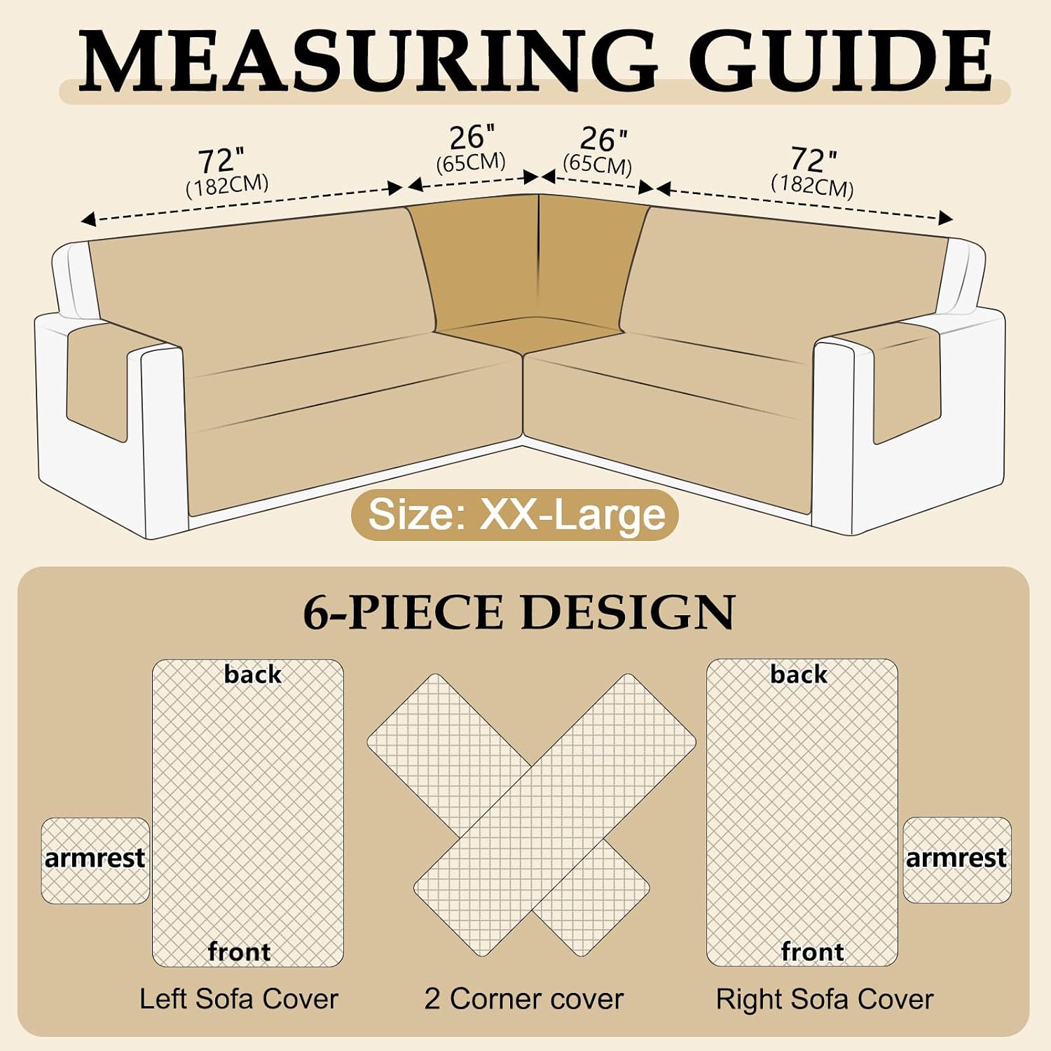 HDCAXKJ Waterproof Sectional Couch Cover L Shaped Sofa Covers Washable Corner Sectional Slipcovers Dog Pet Proof U Shape Furniture Protector with Upgraded Anti Slip Strips (XX-Large, Beige)